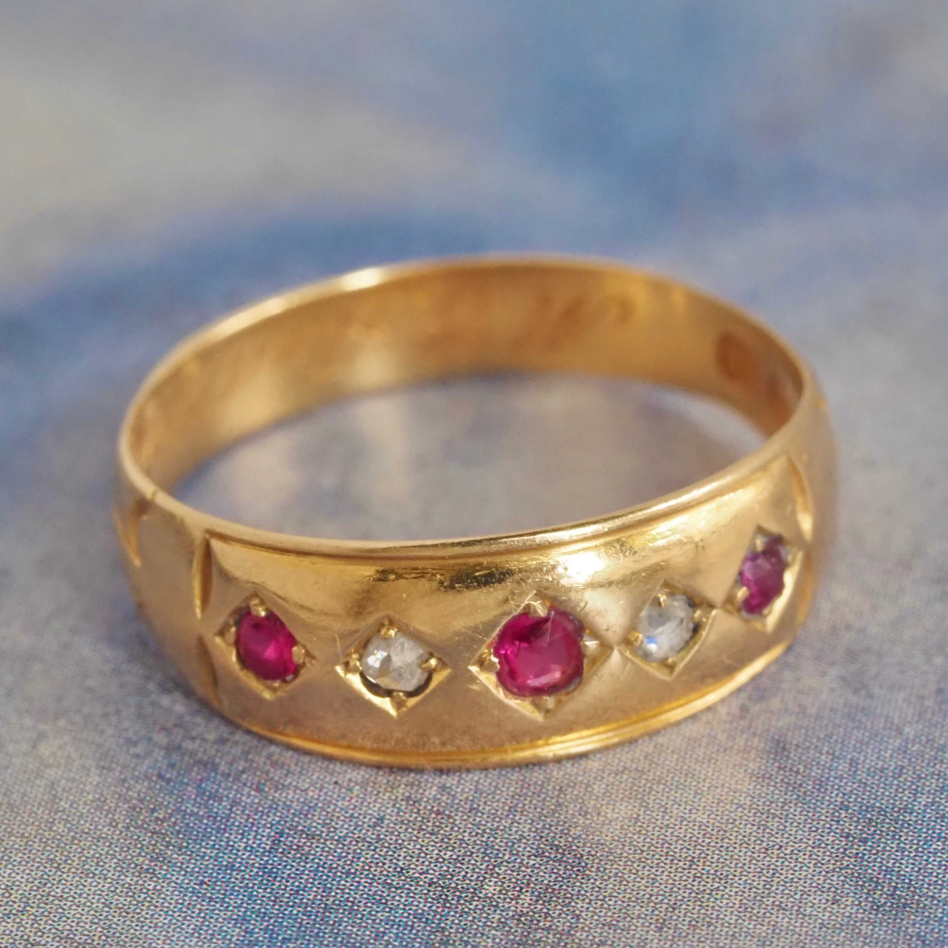 Antique English 18k Gold Natural Ruby and Rose Cut Diamond Flush Set Ring
