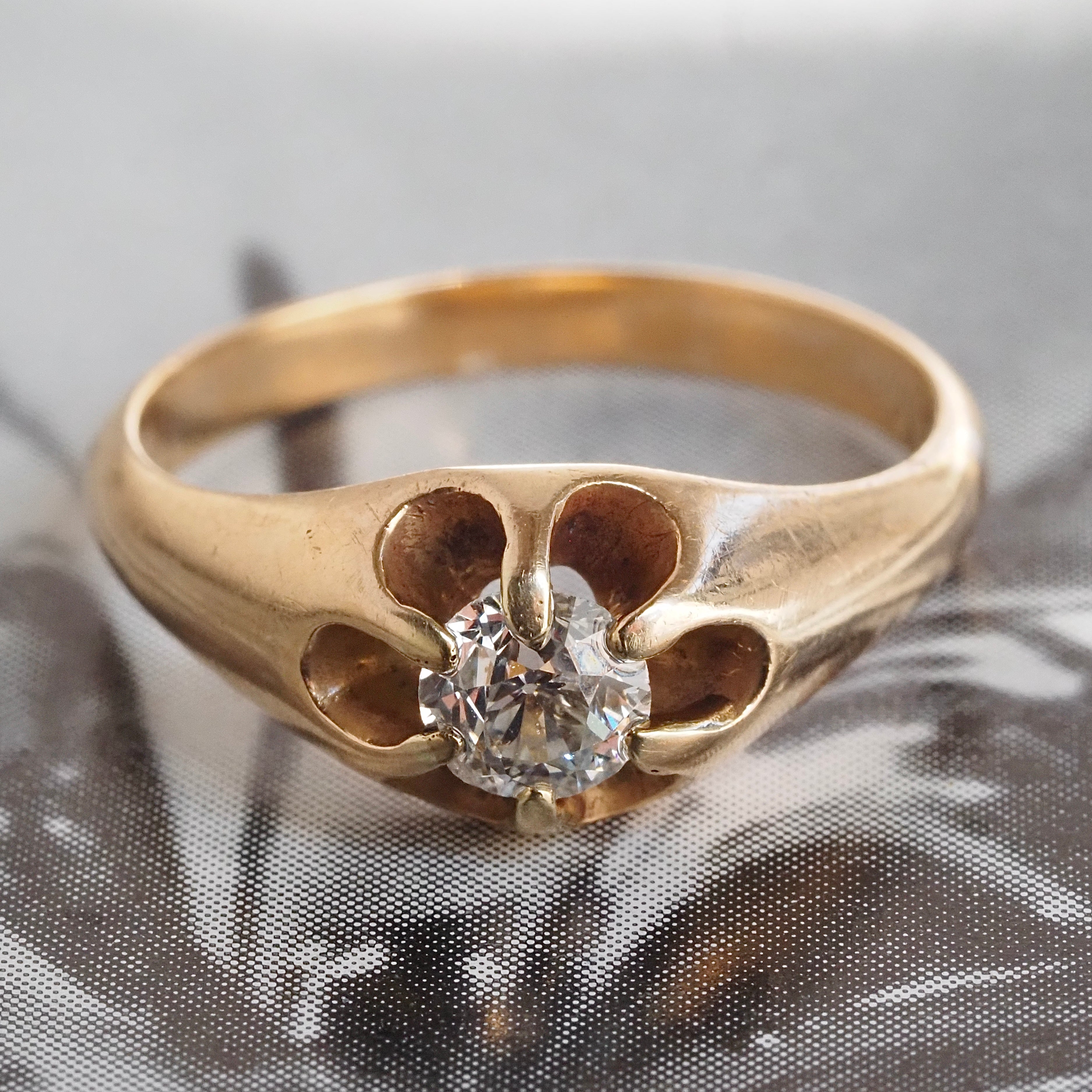 Antique Old Mine Cut Diamond Belcher Set 14k Gold Engagement Ring