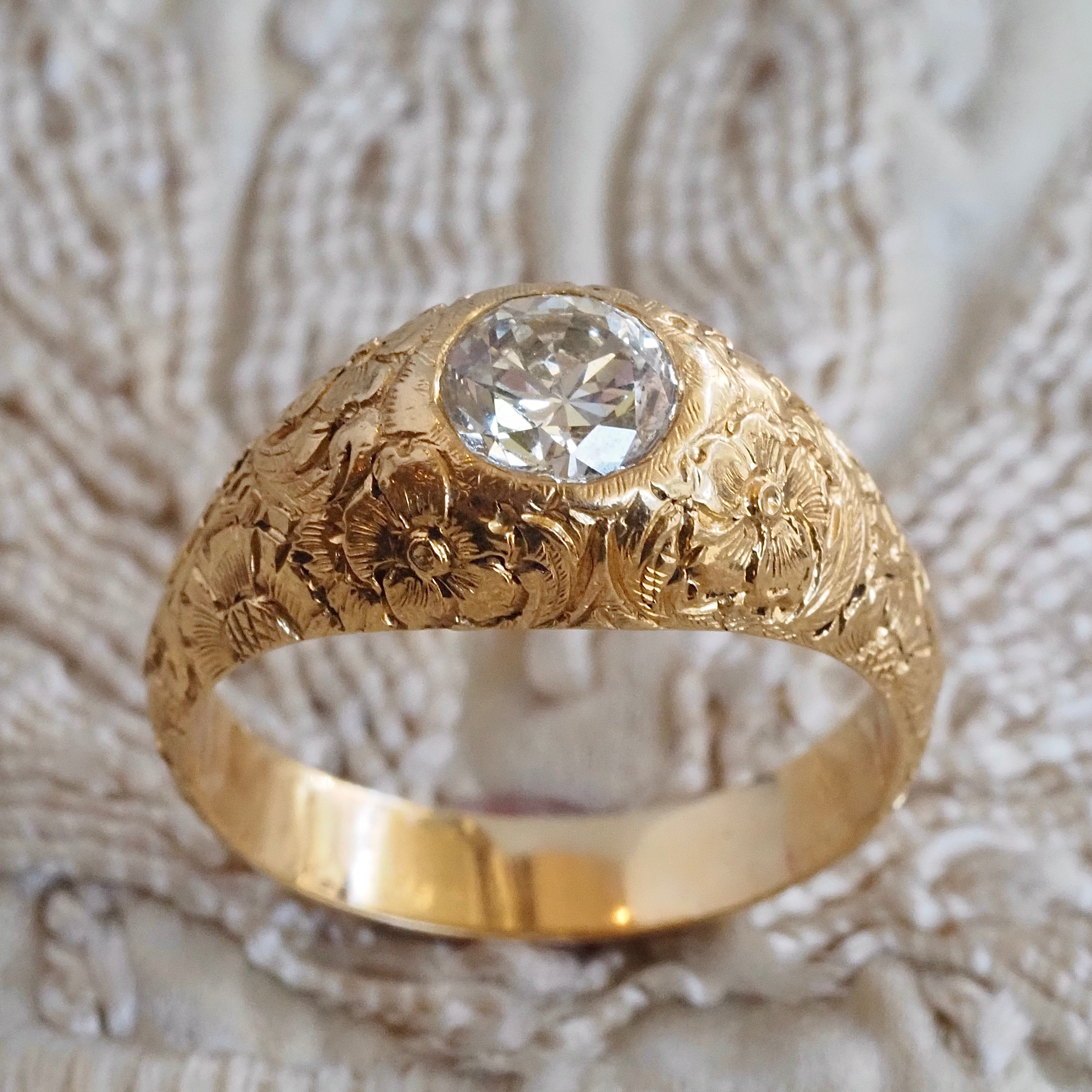 Vintage Portuguese Floral Engraved 19k Gold 1.26ct Old European Cut Diamond Ring