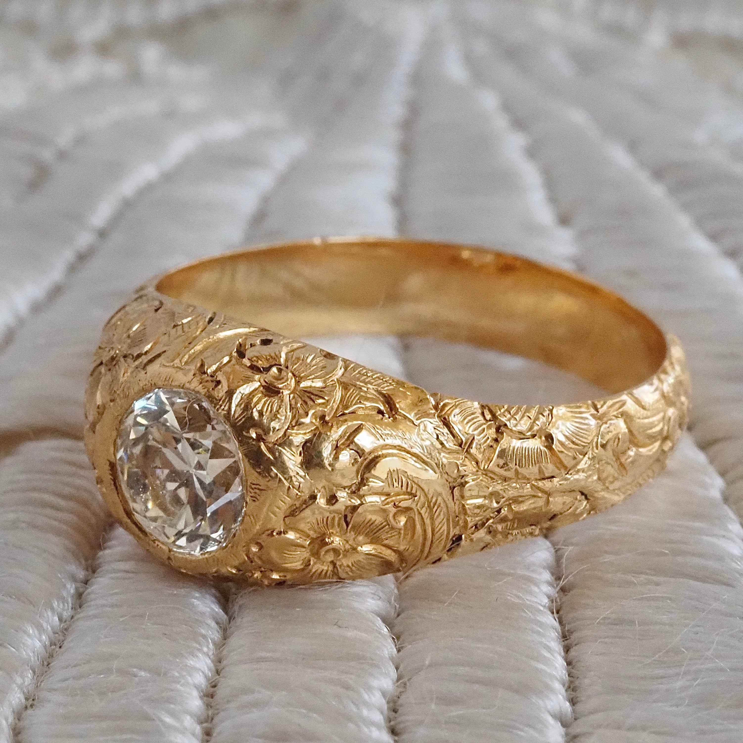 Vintage Portuguese Floral Engraved 19k Gold 1.26ct Old European Cut Diamond Ring