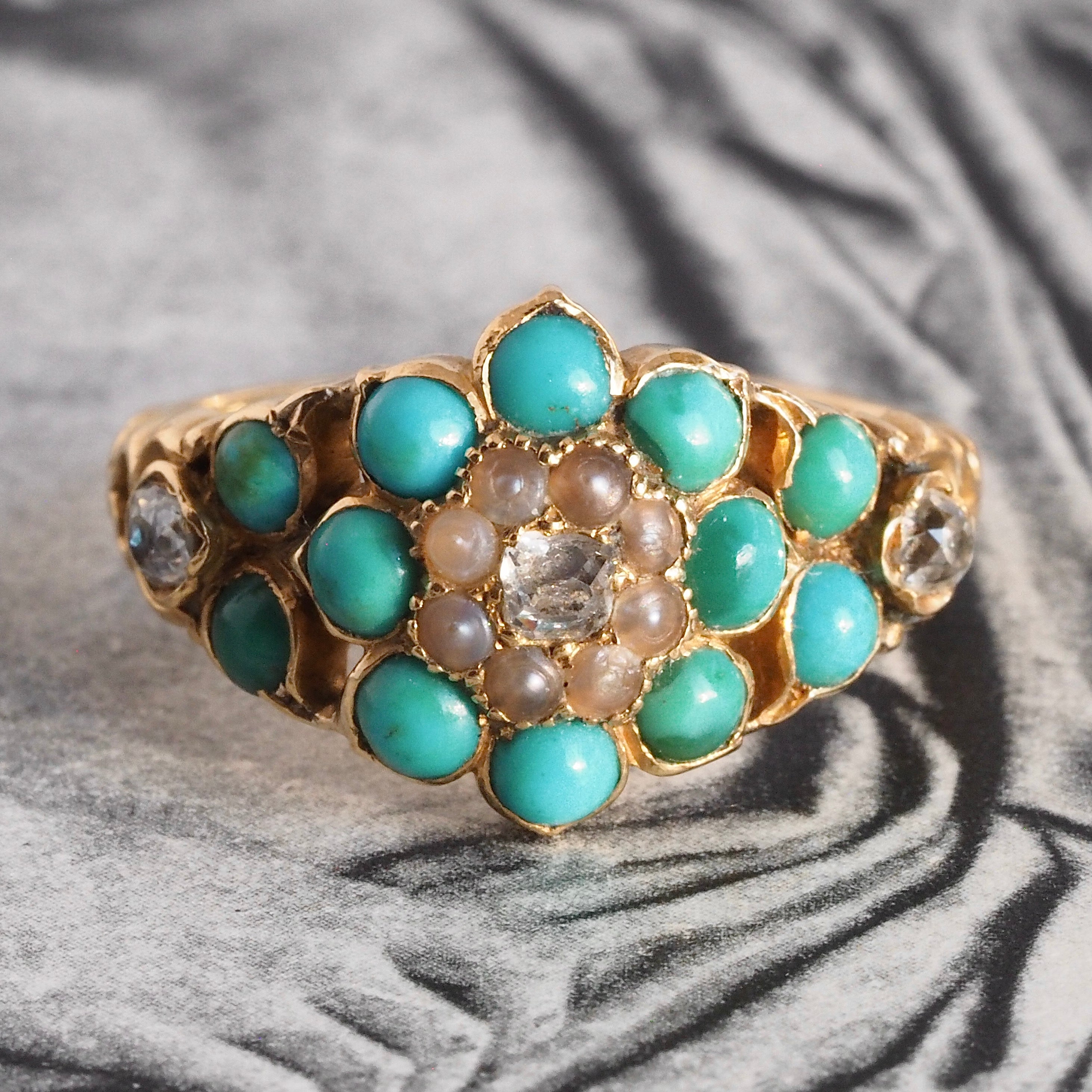 Antique Georgian 18k Gold Turquoise, Pearl and Diamond Ring