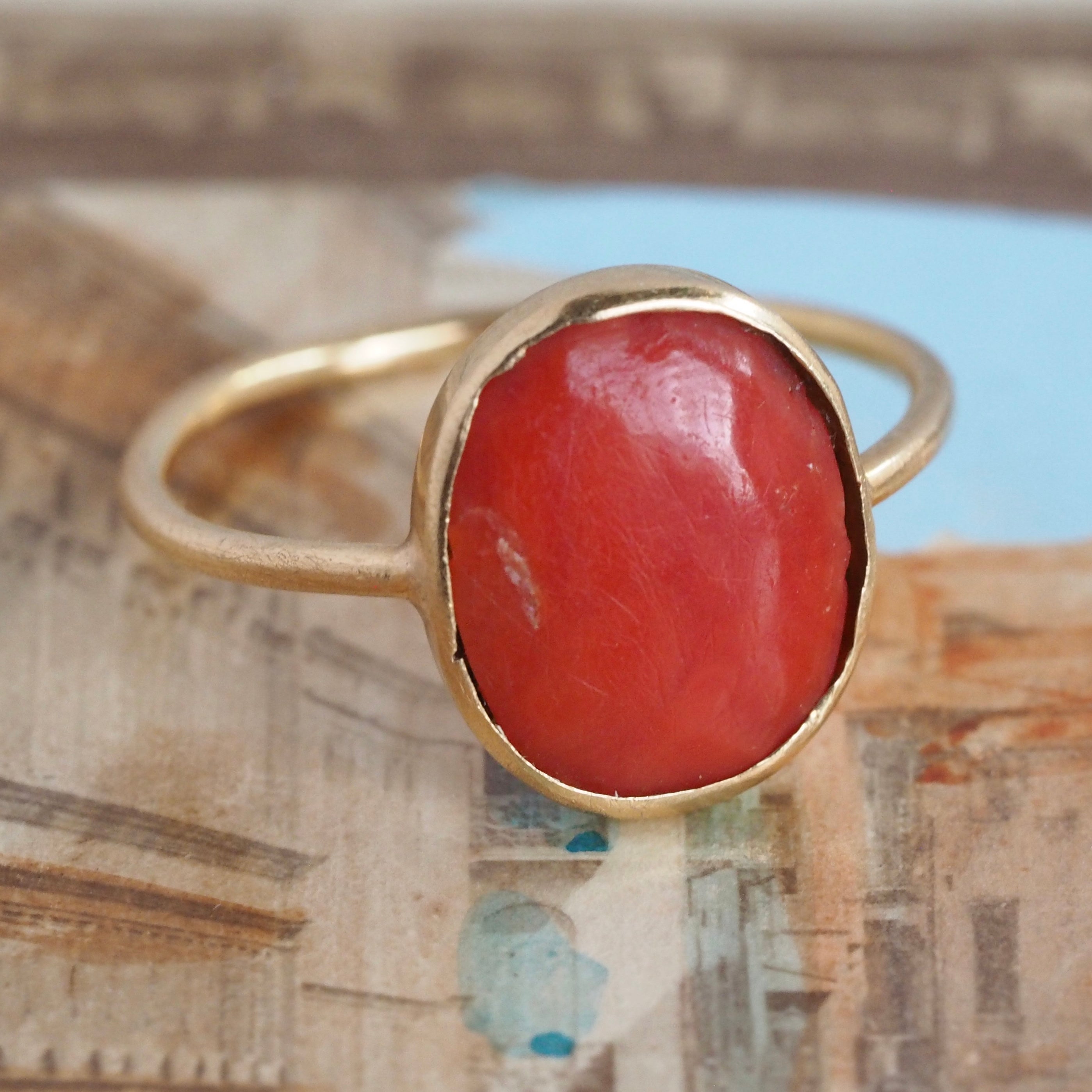 Antique Italian 22k Gold Bezel Set Coral Ring
