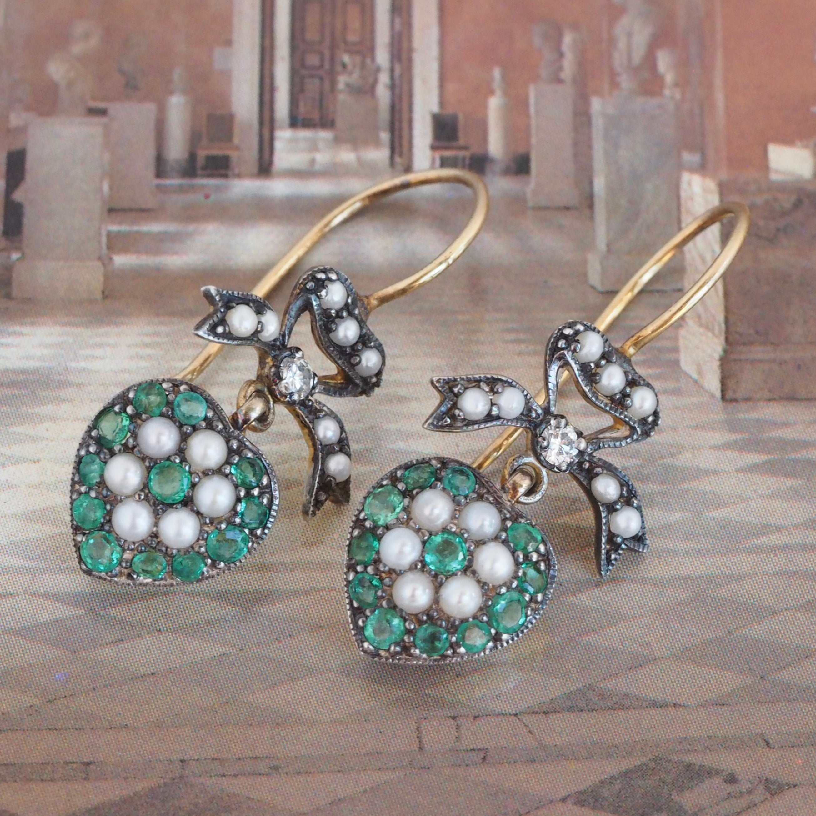 Vintage English 14k Gold Emerald Diamond and Pearl Heart Ribbon Earrings