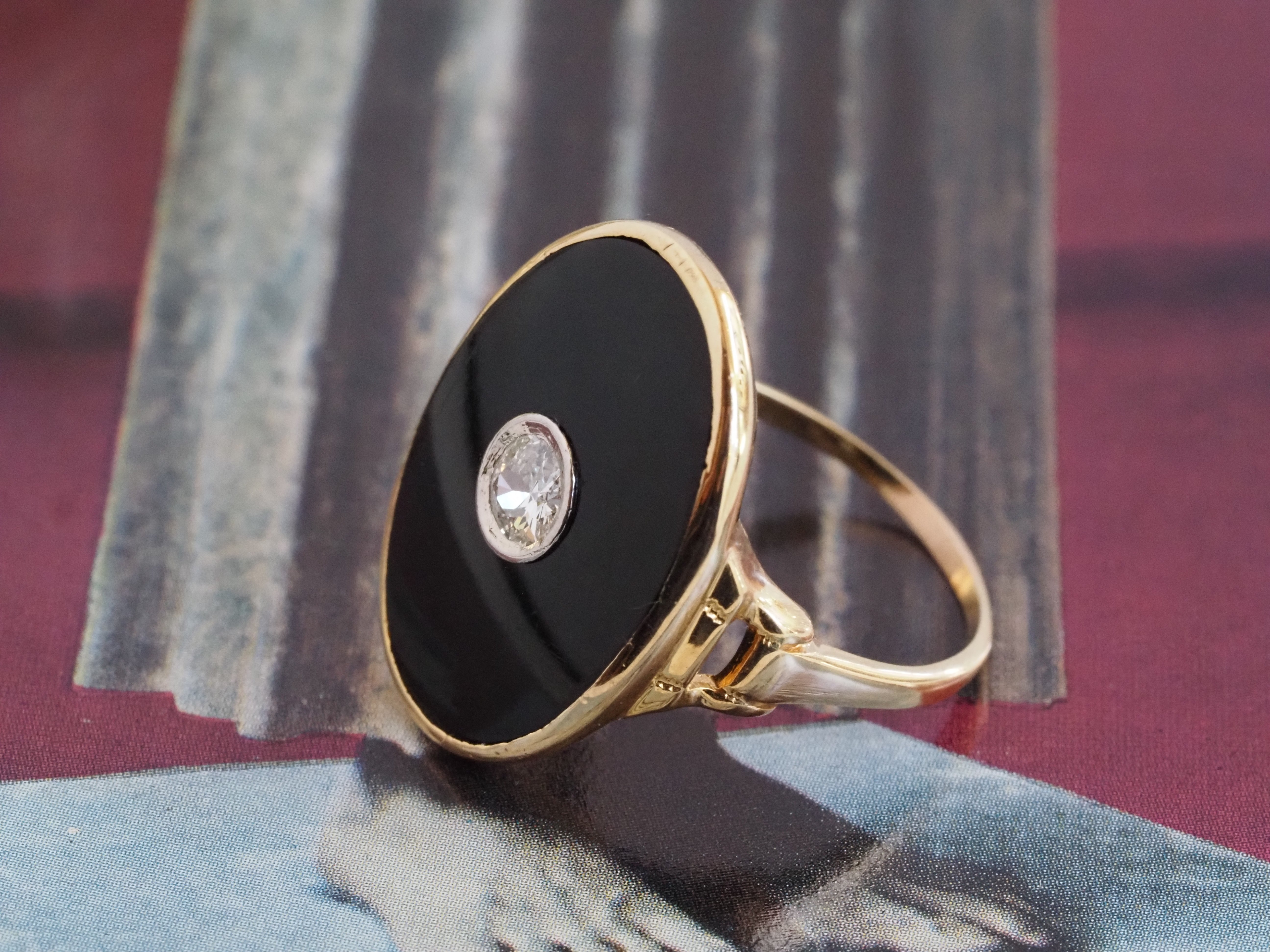 Antique Art Deco Old European Cut Diamond Onyx 14k Gold Ring