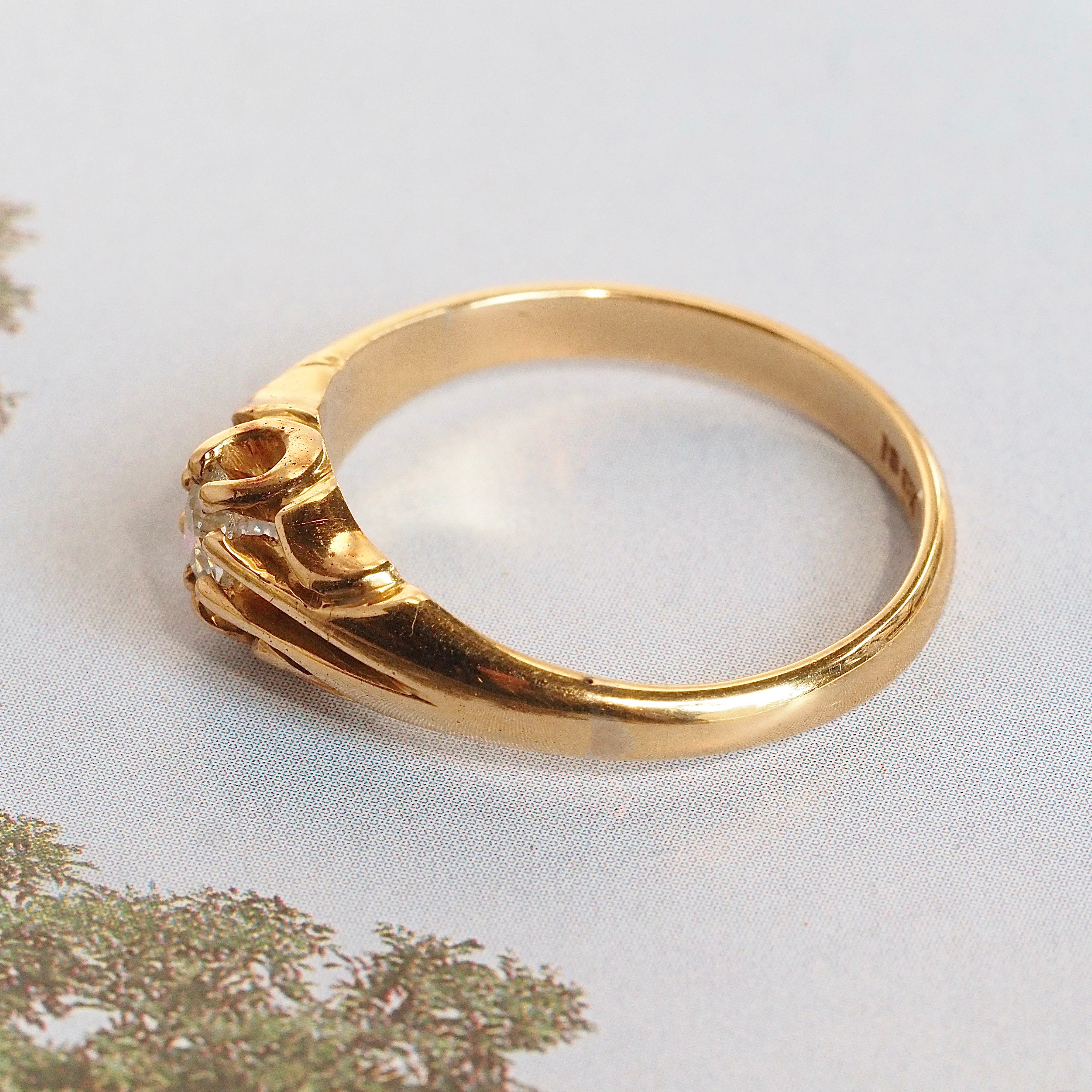 Antique Victorian English 18k Gold Old Mine Cut Diamond Belcher Engagement Ring