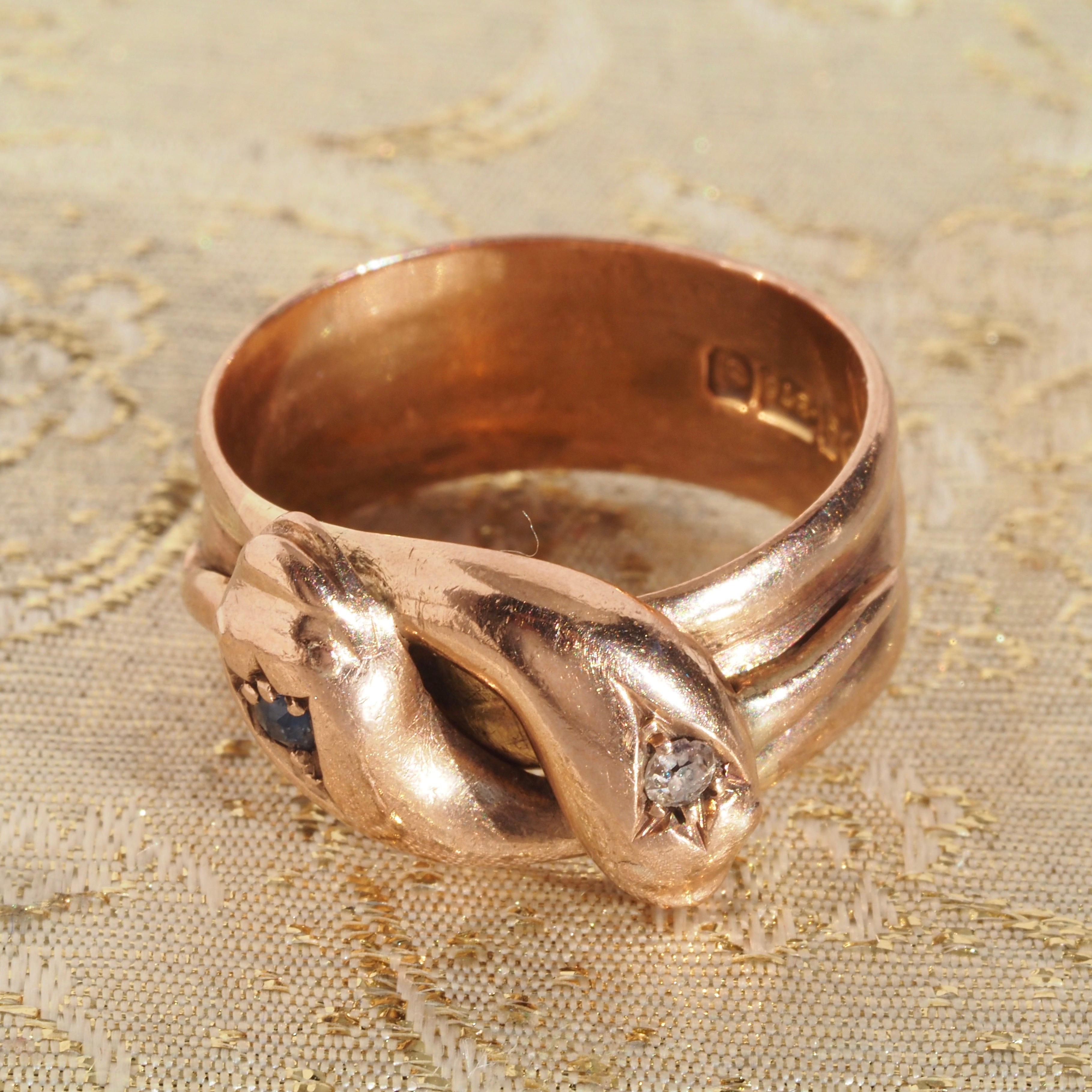 Antique c. 1904 English Old Mine Cut Diamond and Sapphire Double Snake 9k Rose Gold Ring