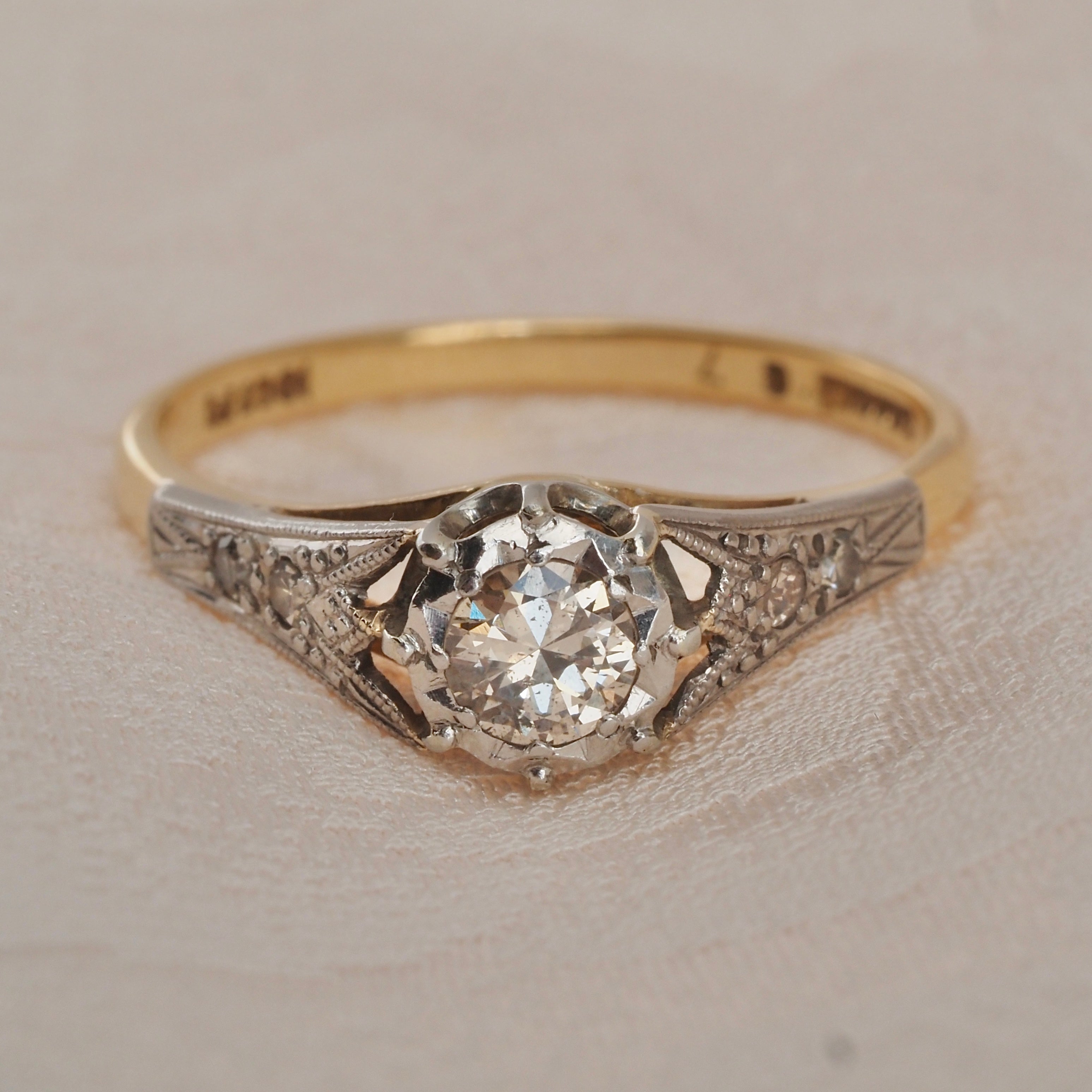 Antique Edwardian 18k White and Yellow Gold Transitional Cut Diamond Solitaire Engagement Ring
