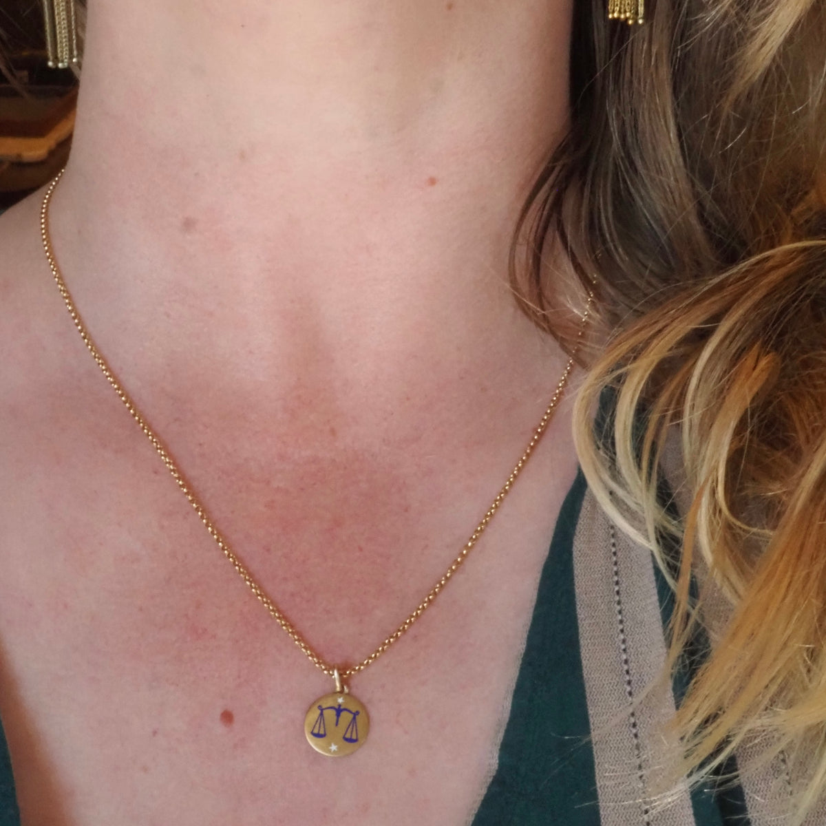 Mid-Century Italian Libra 18k Gold Starry Enamel Zodiac Pendant