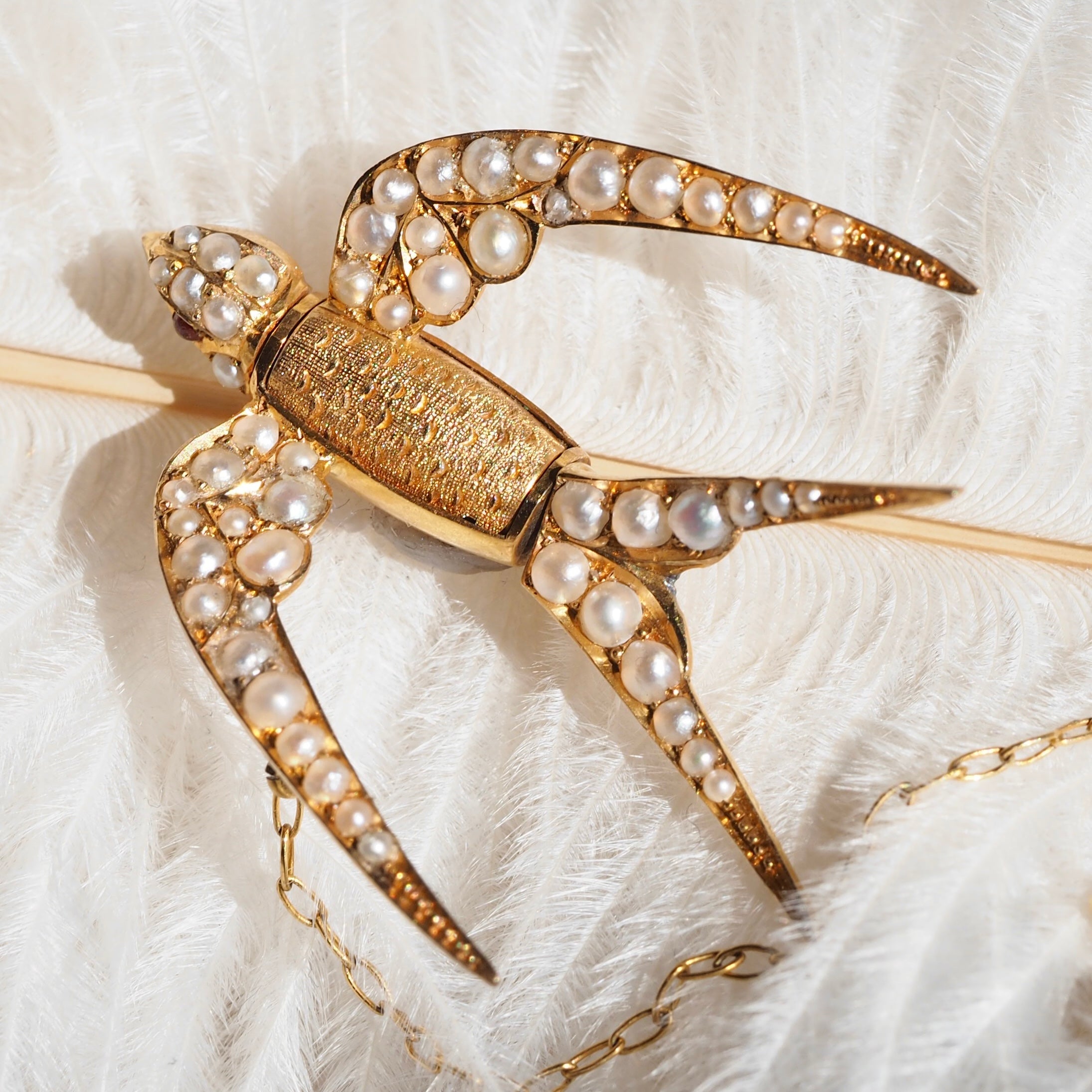Antique Victorian 14k Gold Seed Pearl Swallow Pin