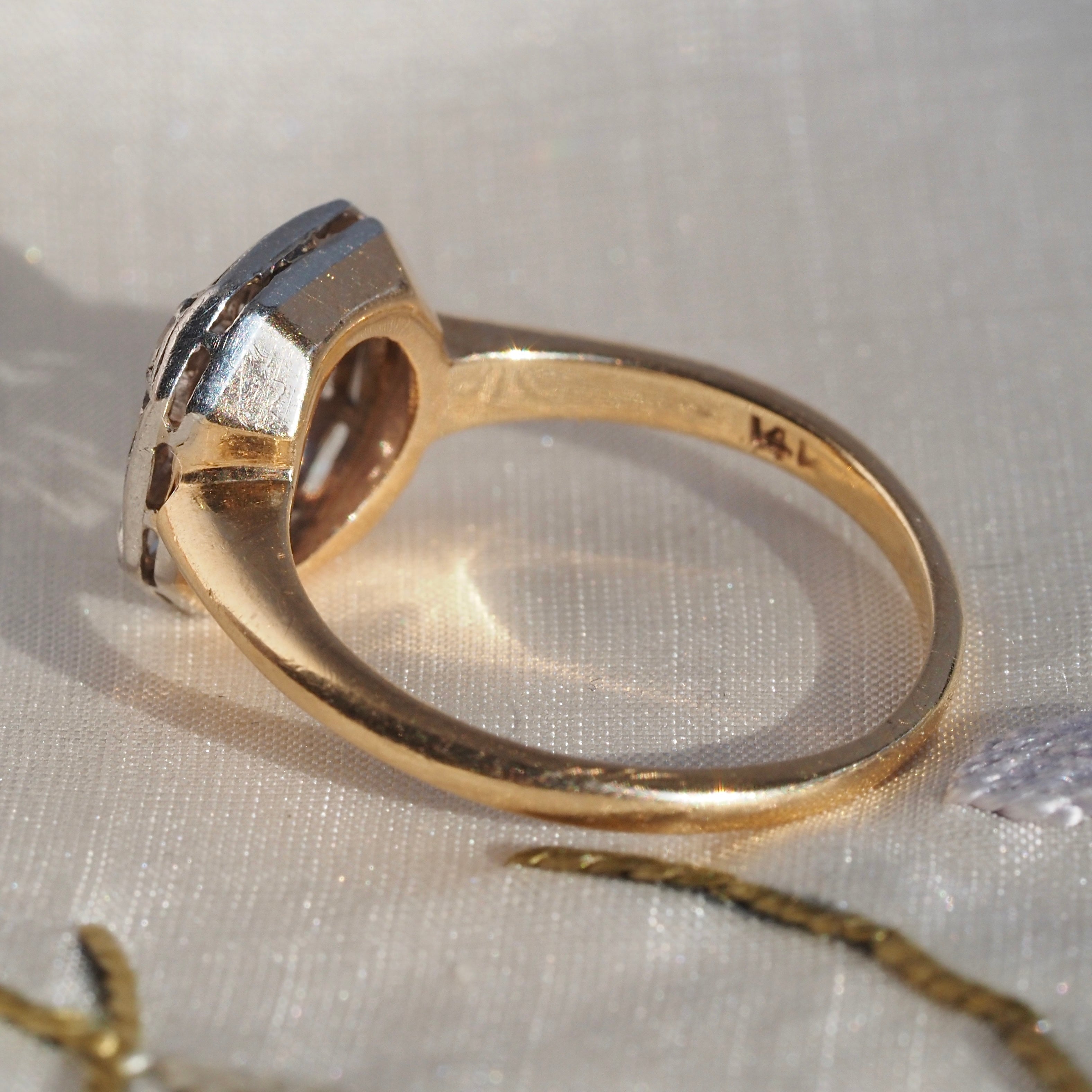 Art Deco Shield Diamond Platinum & 14k Gold Ring