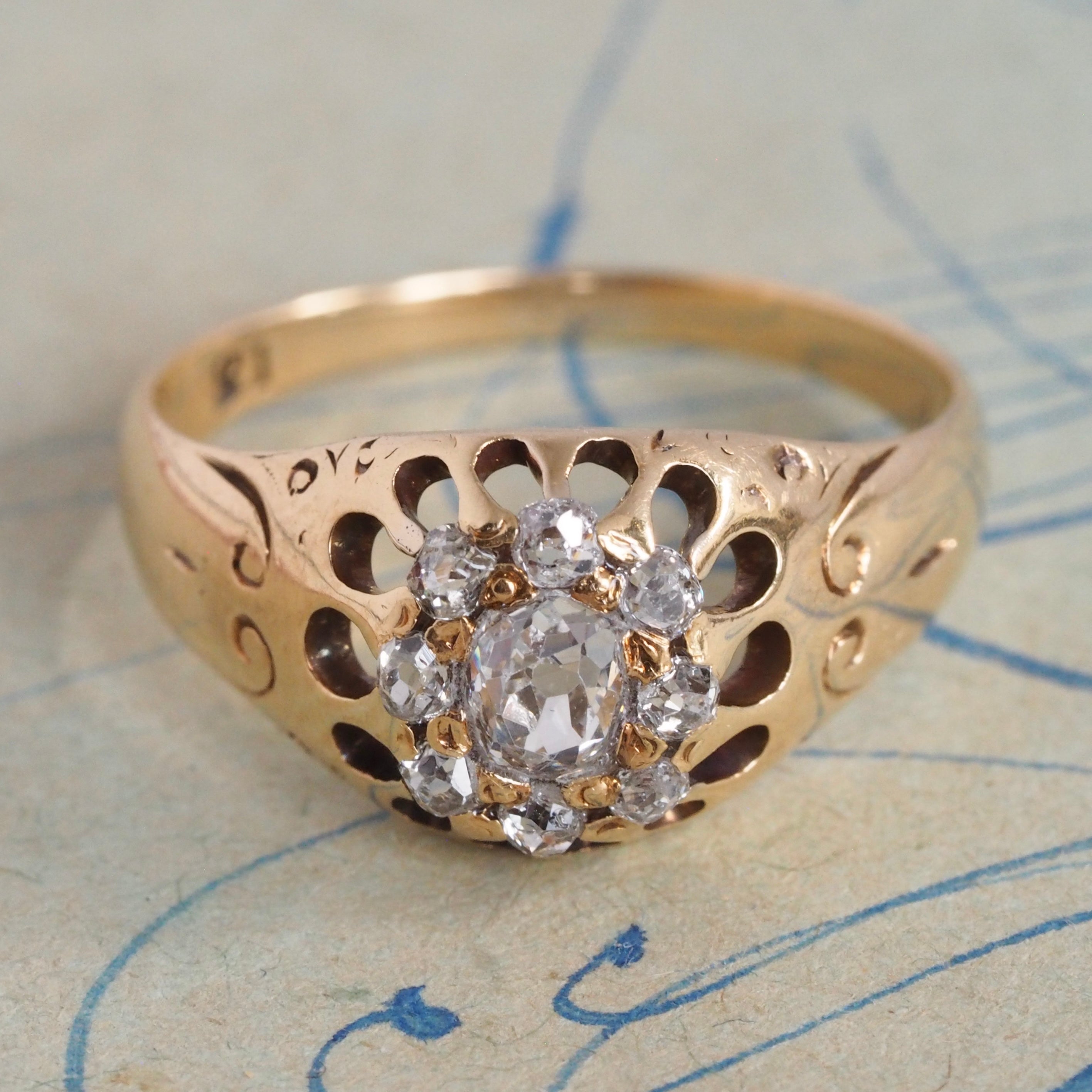 Antique Victorian 18k Gold Old Mine Cut Diamond Cluster Ring