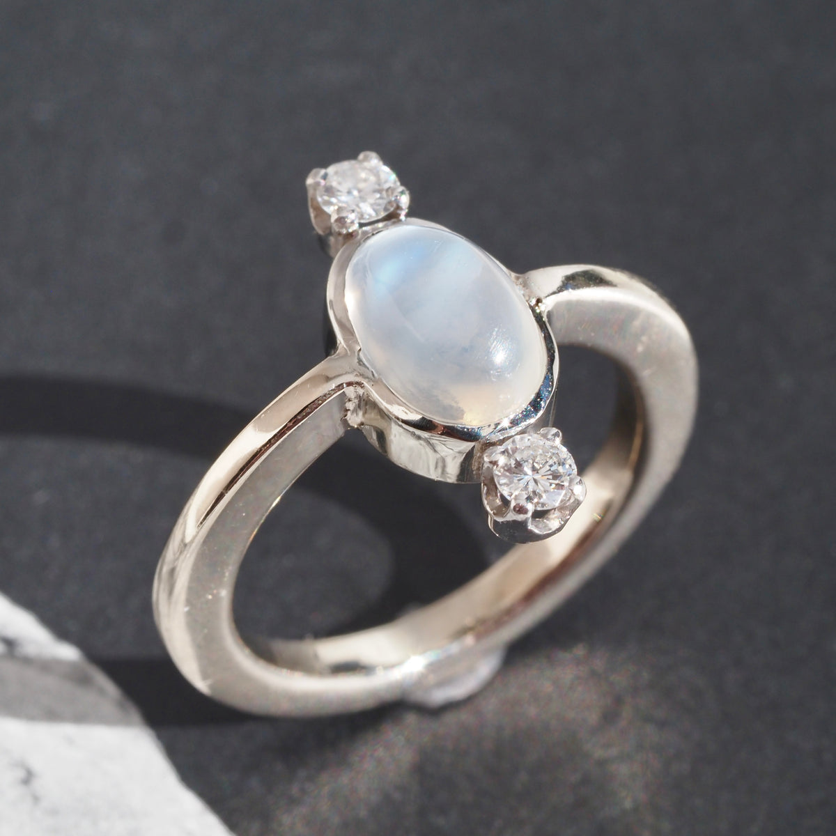 Antique Victorian Moonstone Diamond Palladium and 14k White Gold Ring