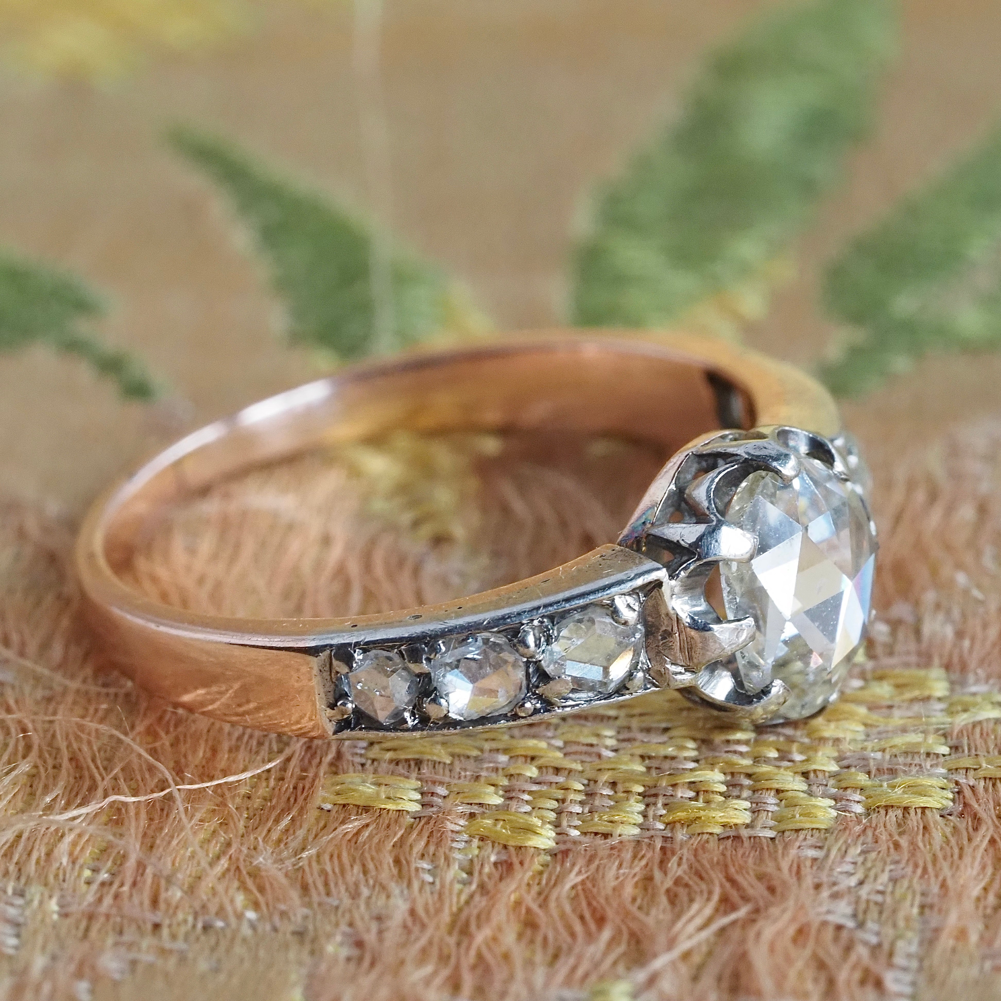 Antique Victorian Rose Cut Diamond 18k Gold and Silver Engagement Ring