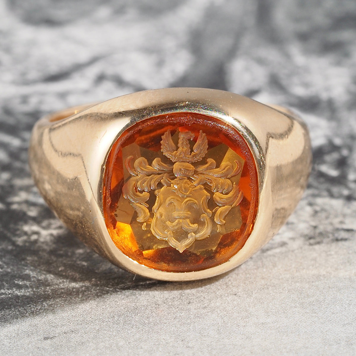 Vintage Citrine Crest Intaglio 14k Gold Signet Ring