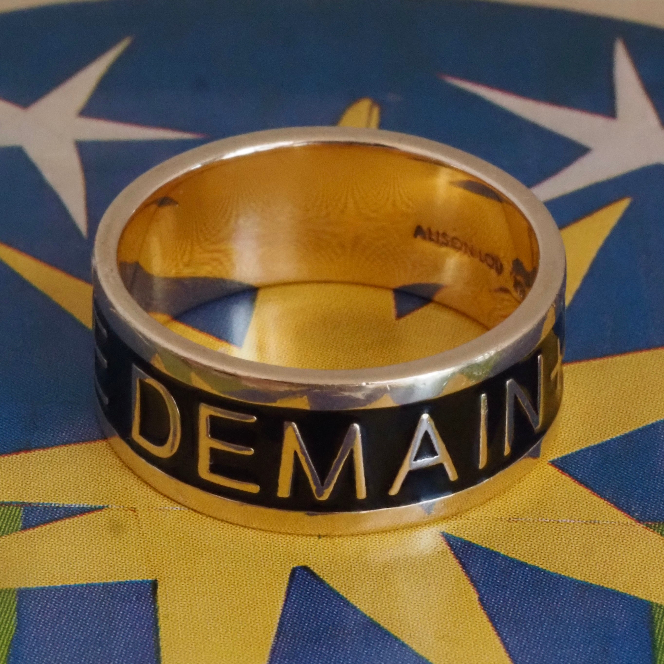 Qu'Heir Que Demain "More Than Yesterday, Less Than Tomorrow" 14k Gold Black Enamel Wide Band