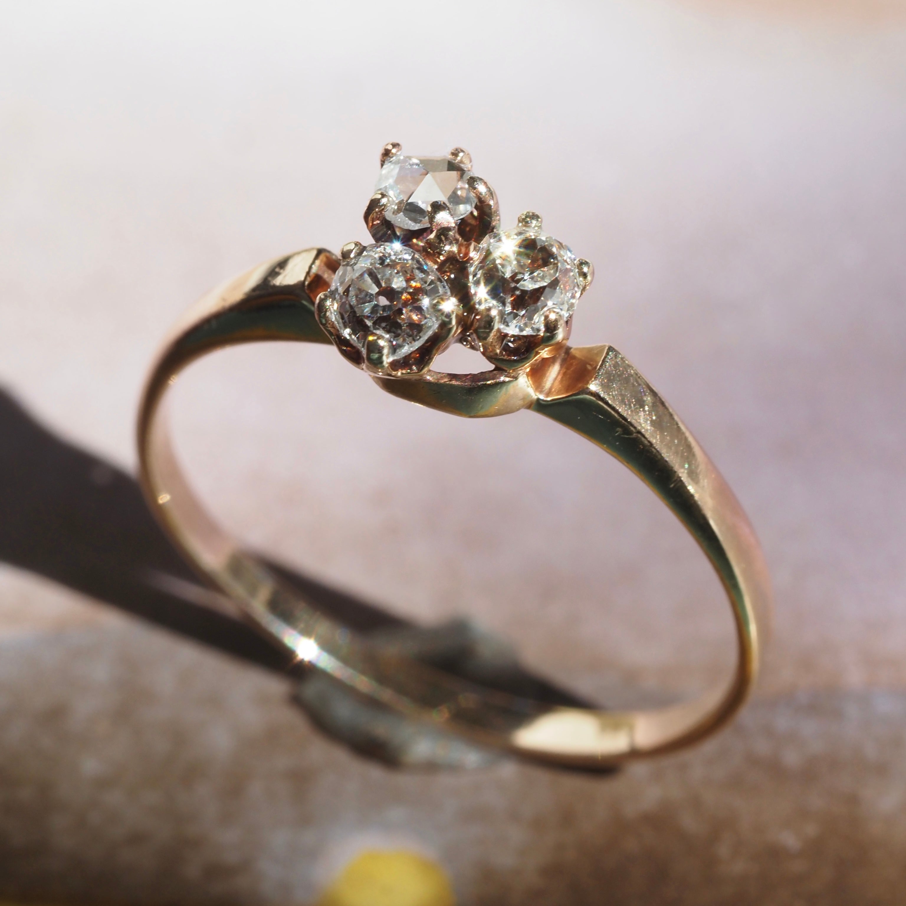 Antique Victorian Old Mine Cut and Rose Cut Diamond Trio 10K Ring