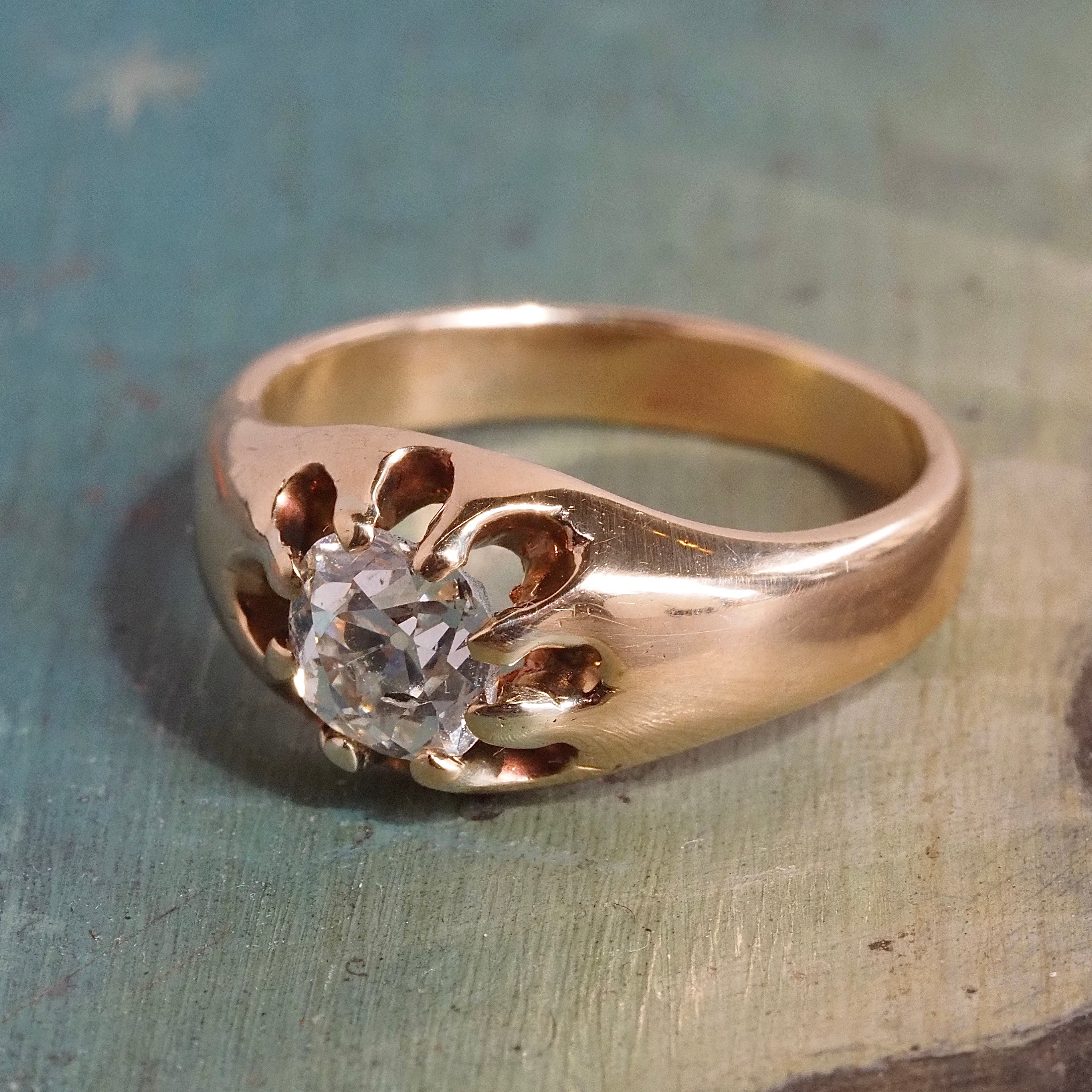 Antique Old Mine Cut Diamond Belcher Set 14k Gold Engagement Ring