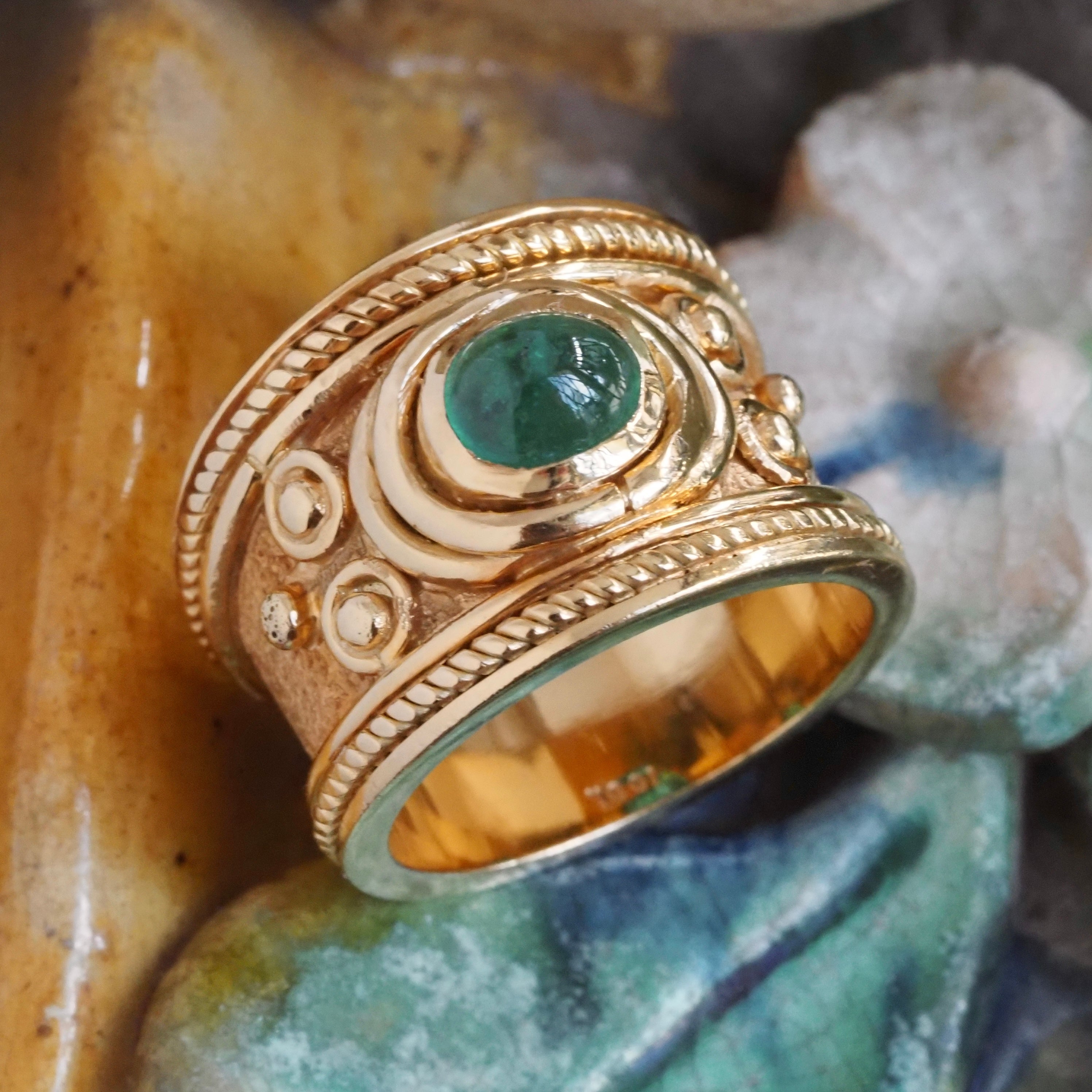 Etruscan Style Emerald Cabochon 18k Gold Wide Ring
