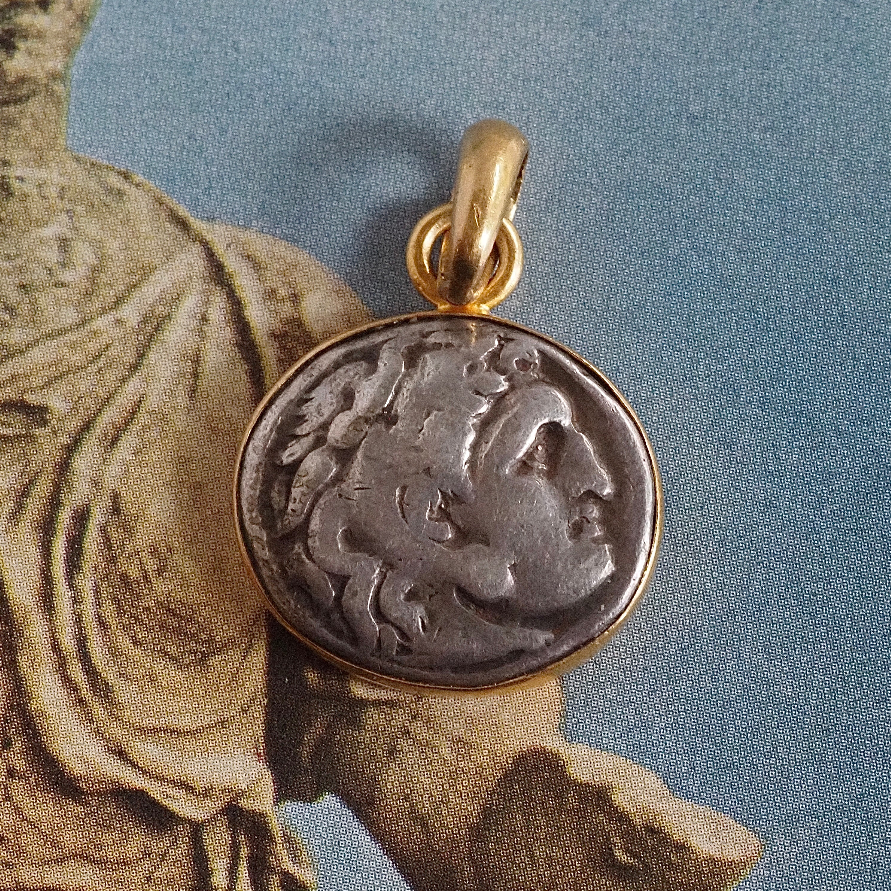 Ancient Silver Greek Drachma Coin & 22k Gold Pendant