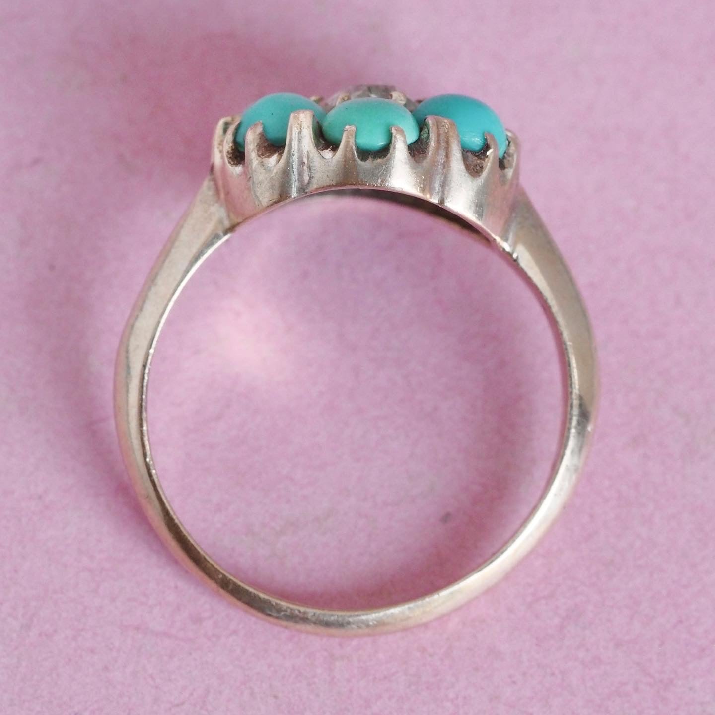 Victorian 10k Gold Turquoise and Old Mine Cut Diamond Flower Ring
