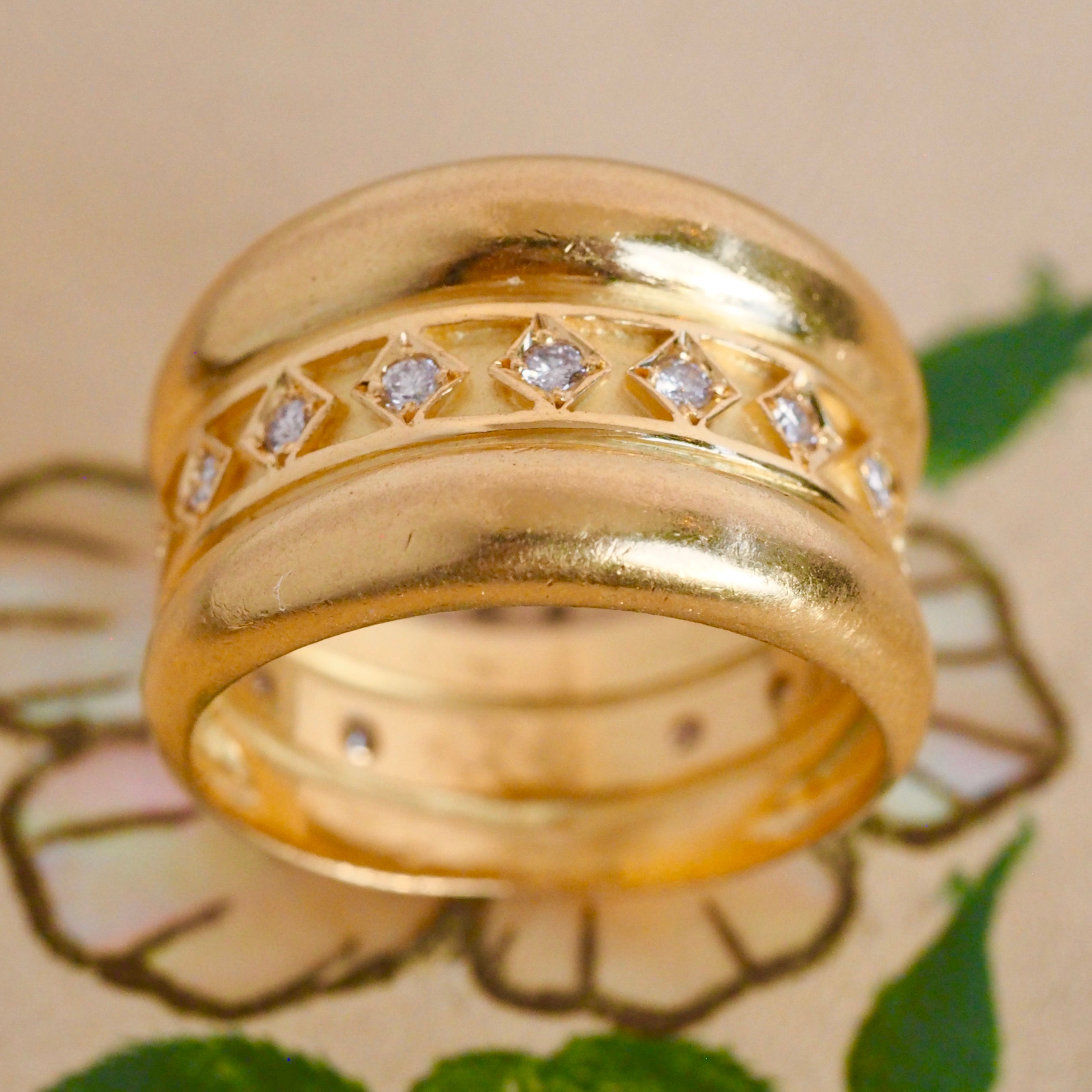 Vintage Portuguese 19k Gold Wide Diamond Band
