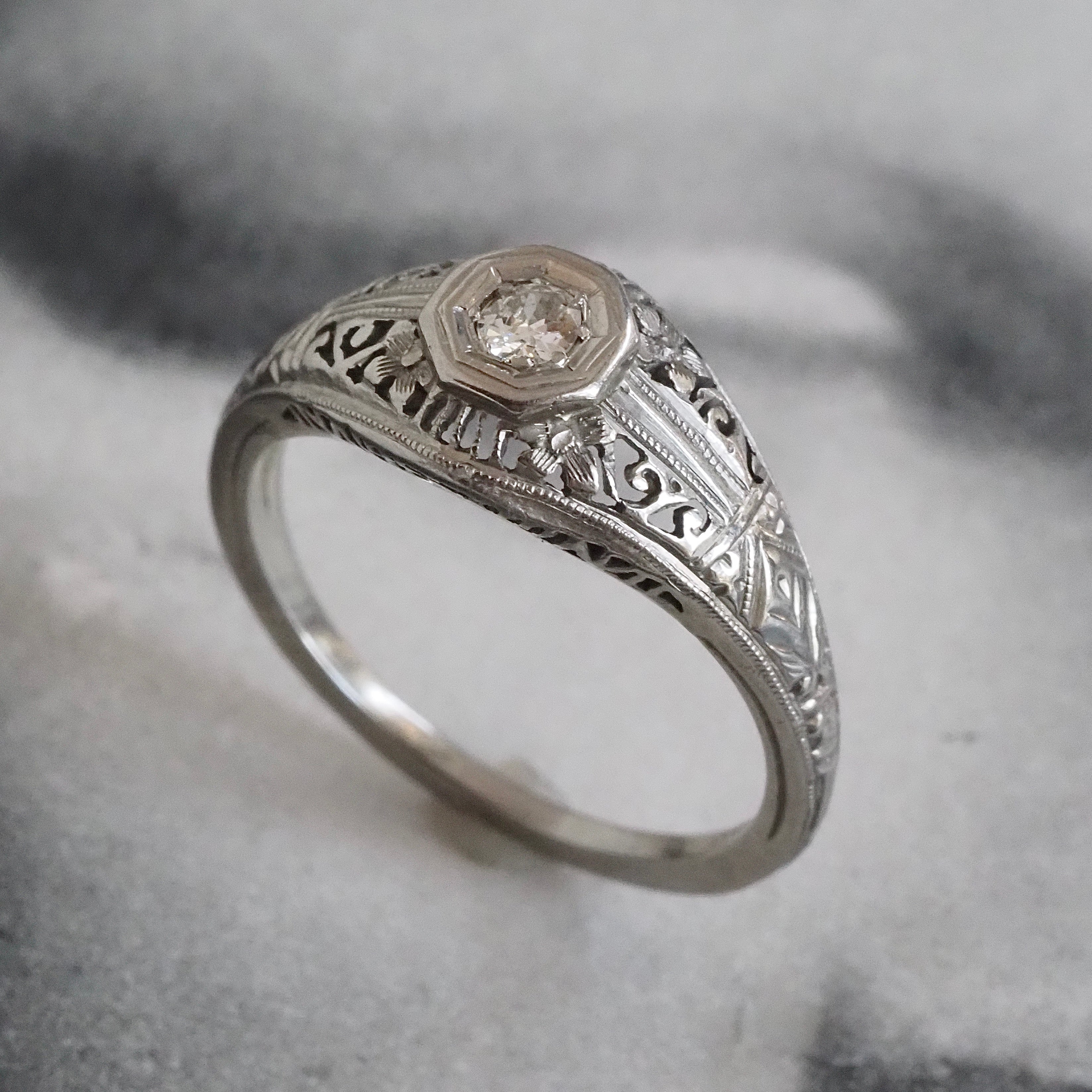 Antique Art Deco Old European Cut Diamond Open Work 18k White Gold Ring