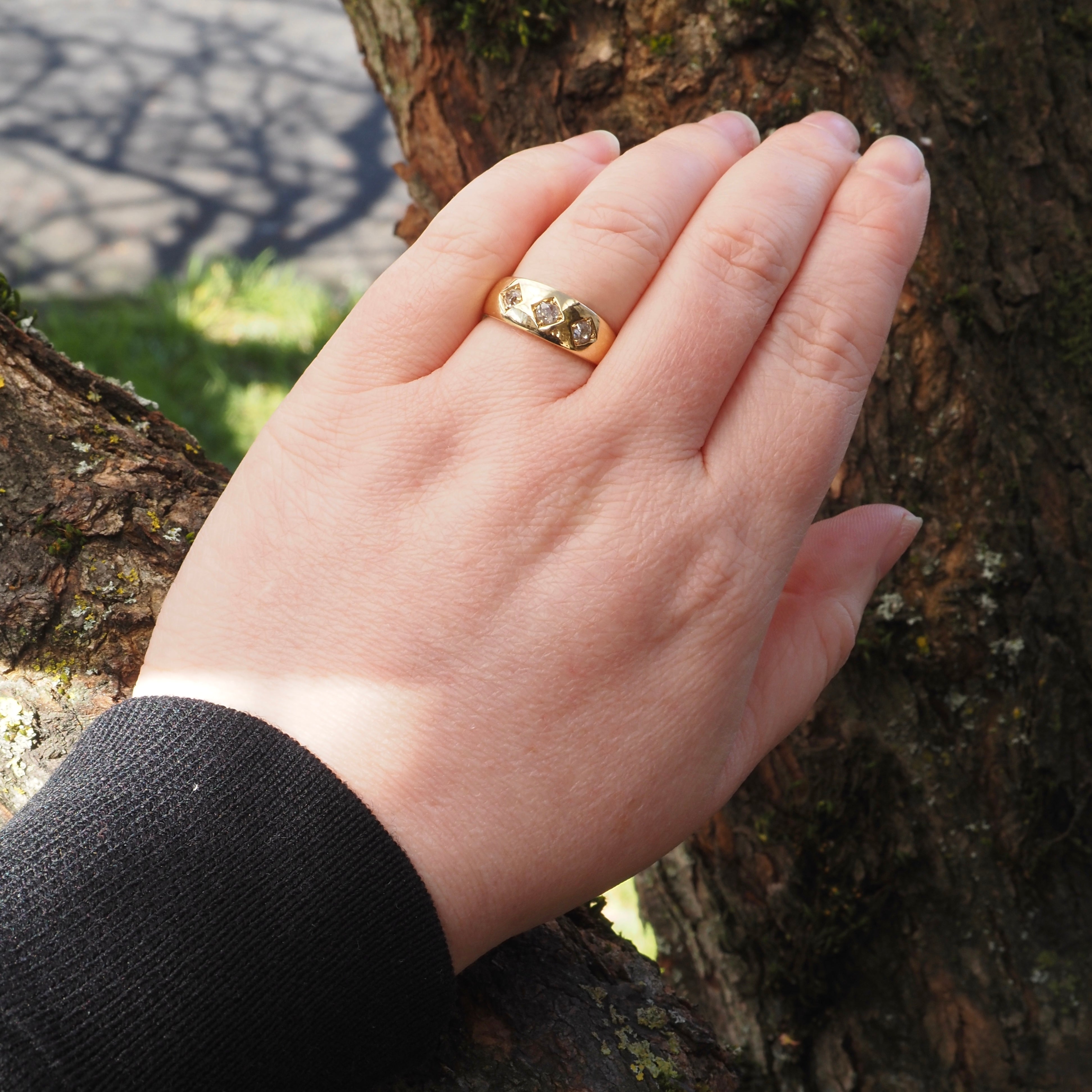 Antique c. 1888 English Flush Set Old Mine Cut Diamond Trilogy 18k Gold Ring