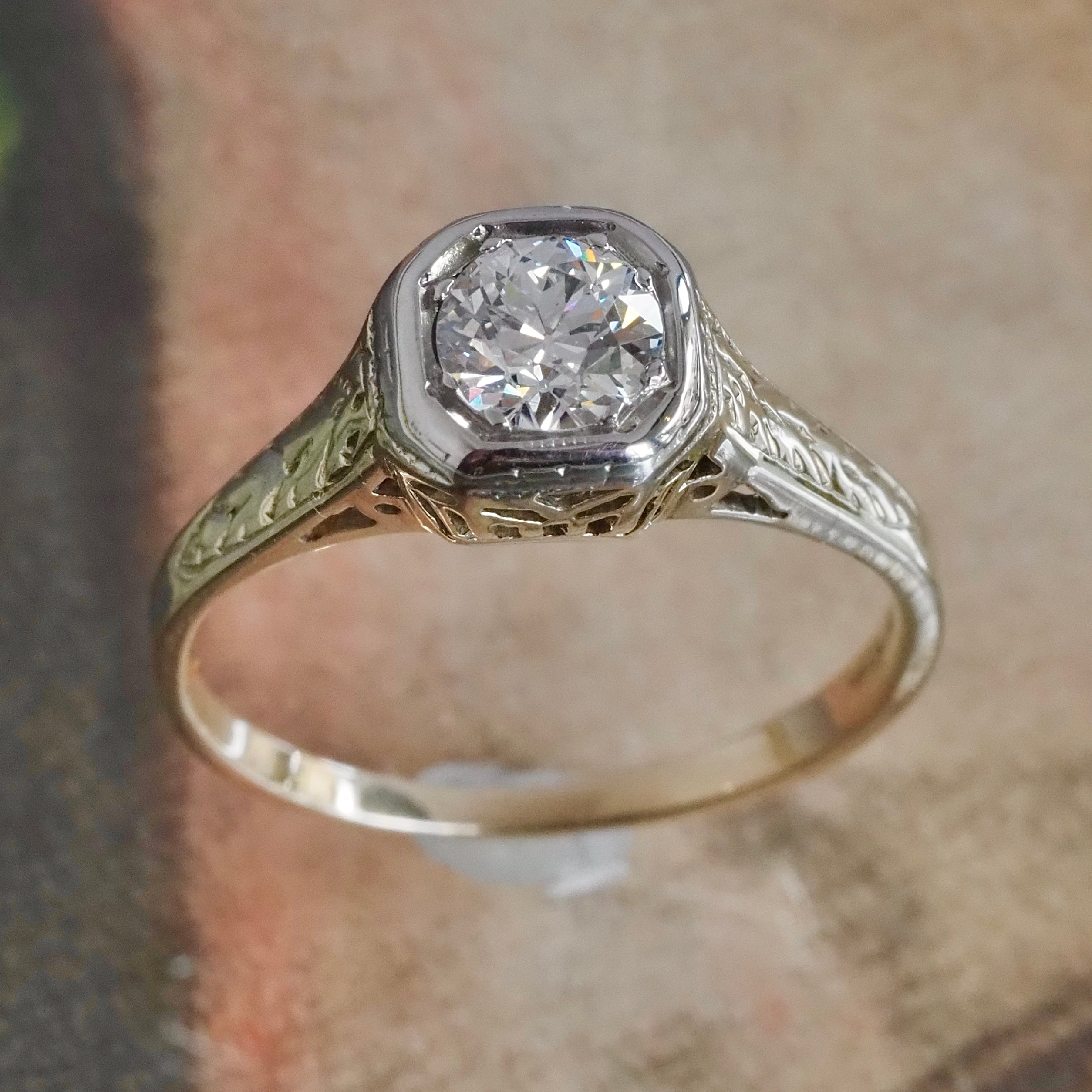 Antique Art Deco Old European Cut Diamond 14k Gold Engagement Ring