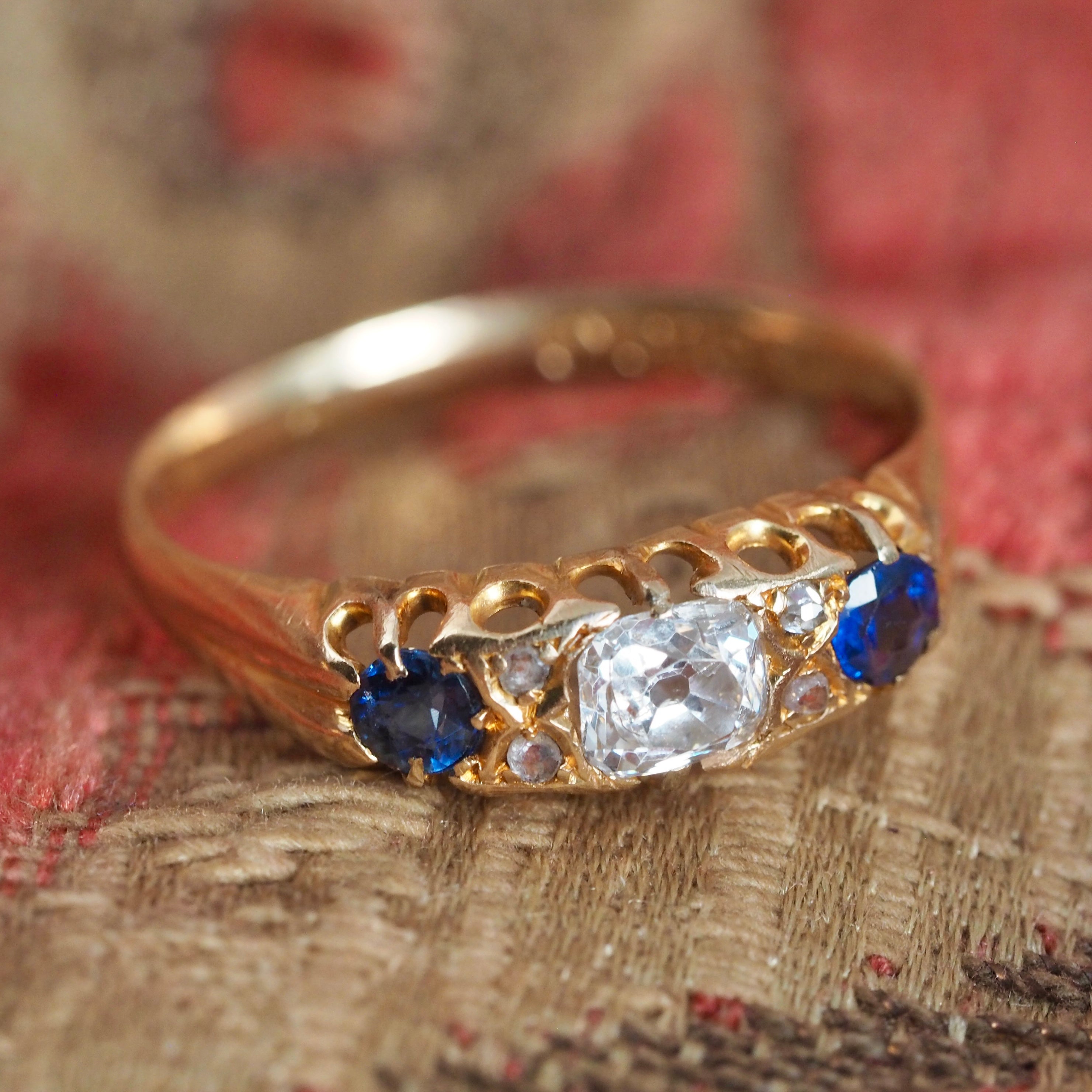 Antique English 18k Gold Old Mine Cut Diamond and Natural Sapphire Ring