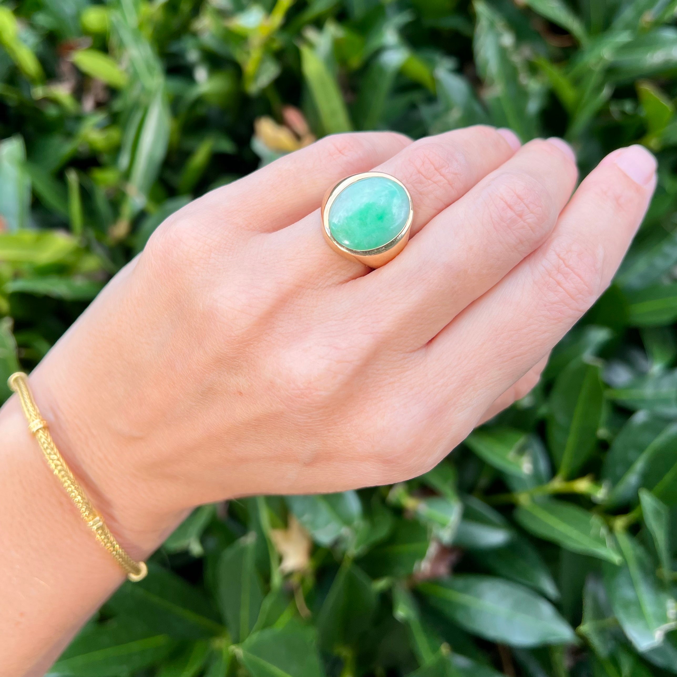 Vintage 14k Gold Moss in Snow Jadeite Ring