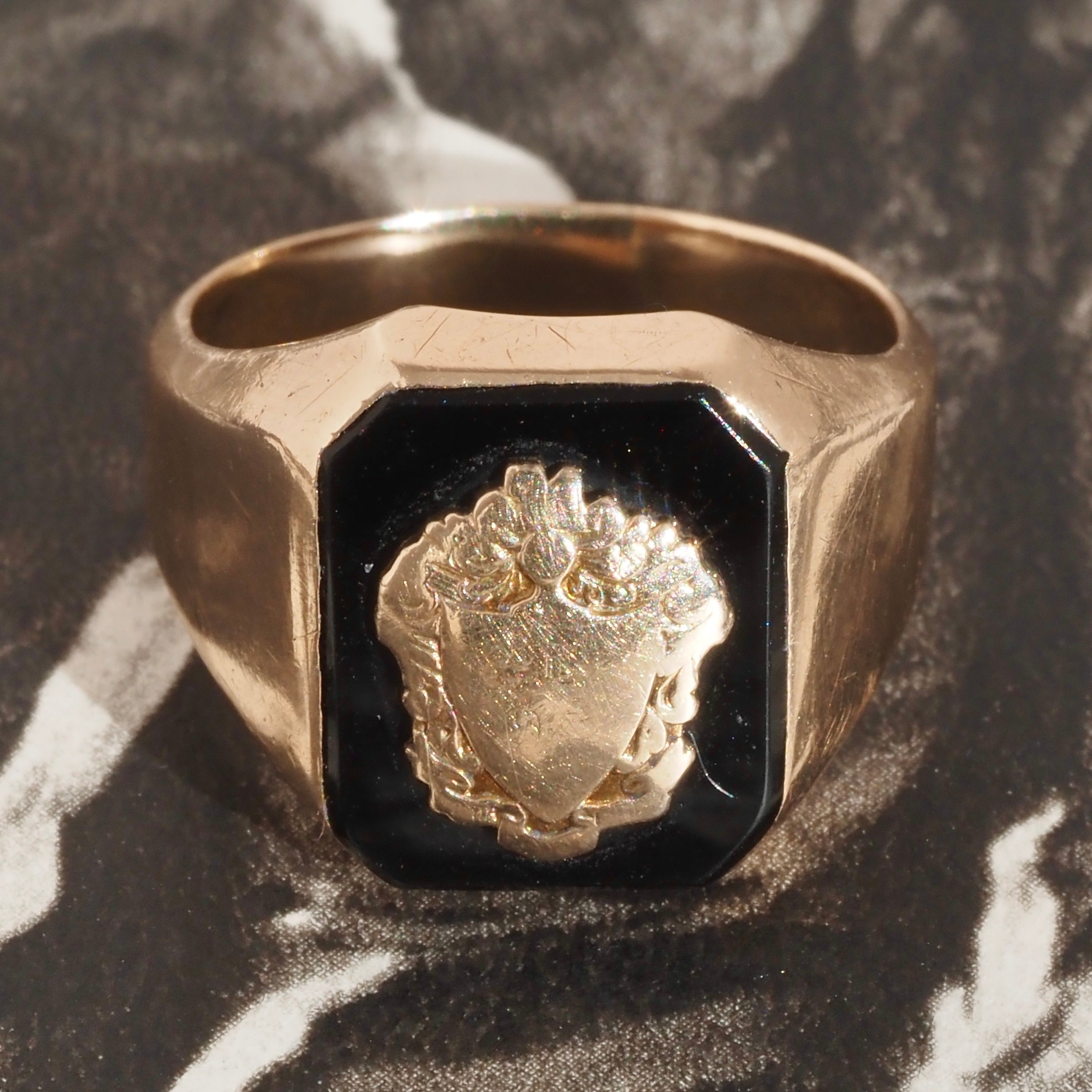 Antique Onyx Crest with Shield 10k Gold Signet Ring