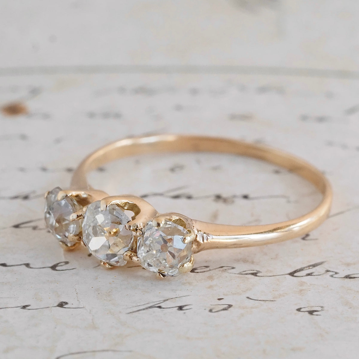 Antique Trilogy Old Mine Cut Diamond 14k Gold Engagement Ring