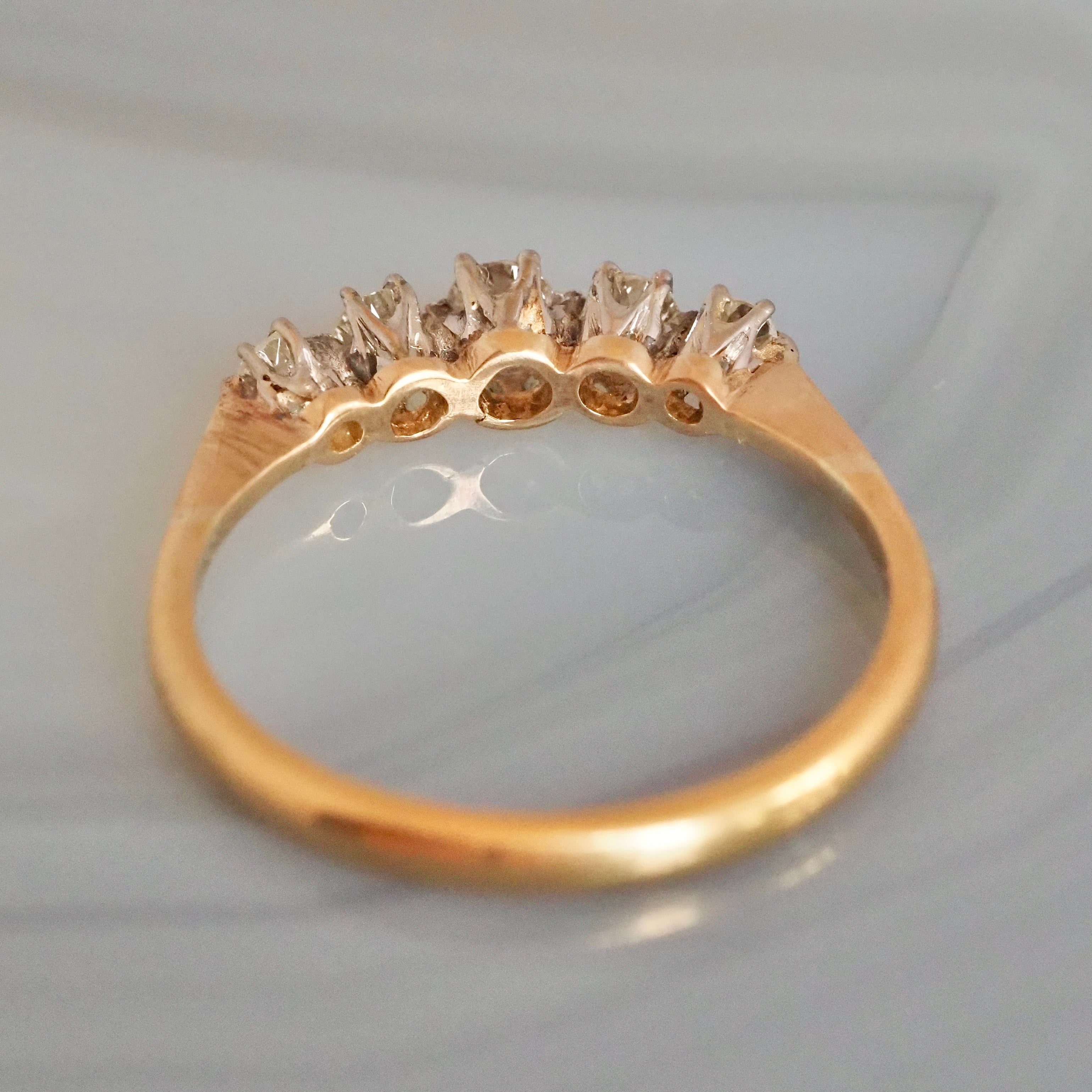 Antique English 18k Gold and Platinum Five Stone Old Mine Cut Diamond Ring
