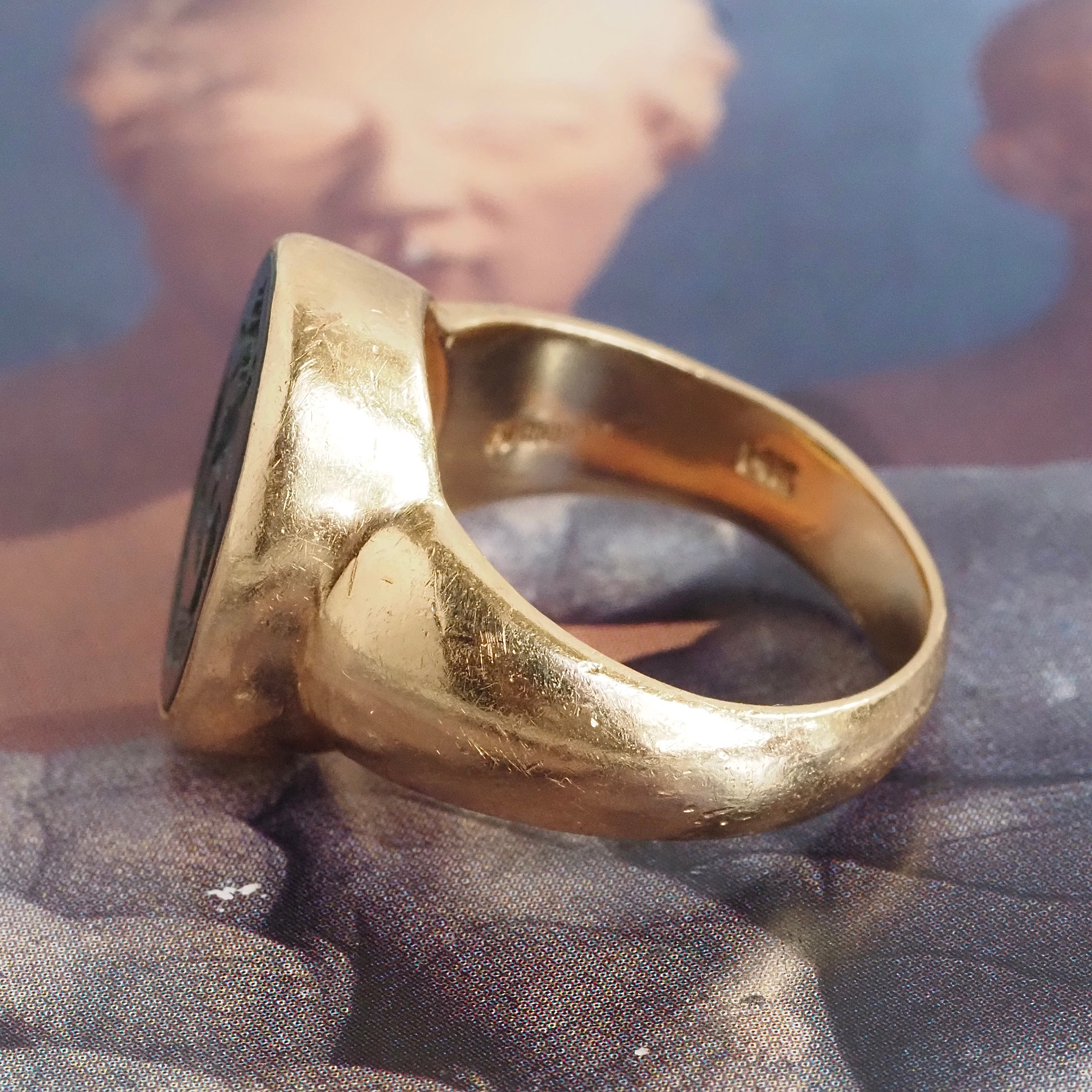 Antique Bloodstone Lion "Verus Fidelis" Intaglio 14k Gold Signet Ring