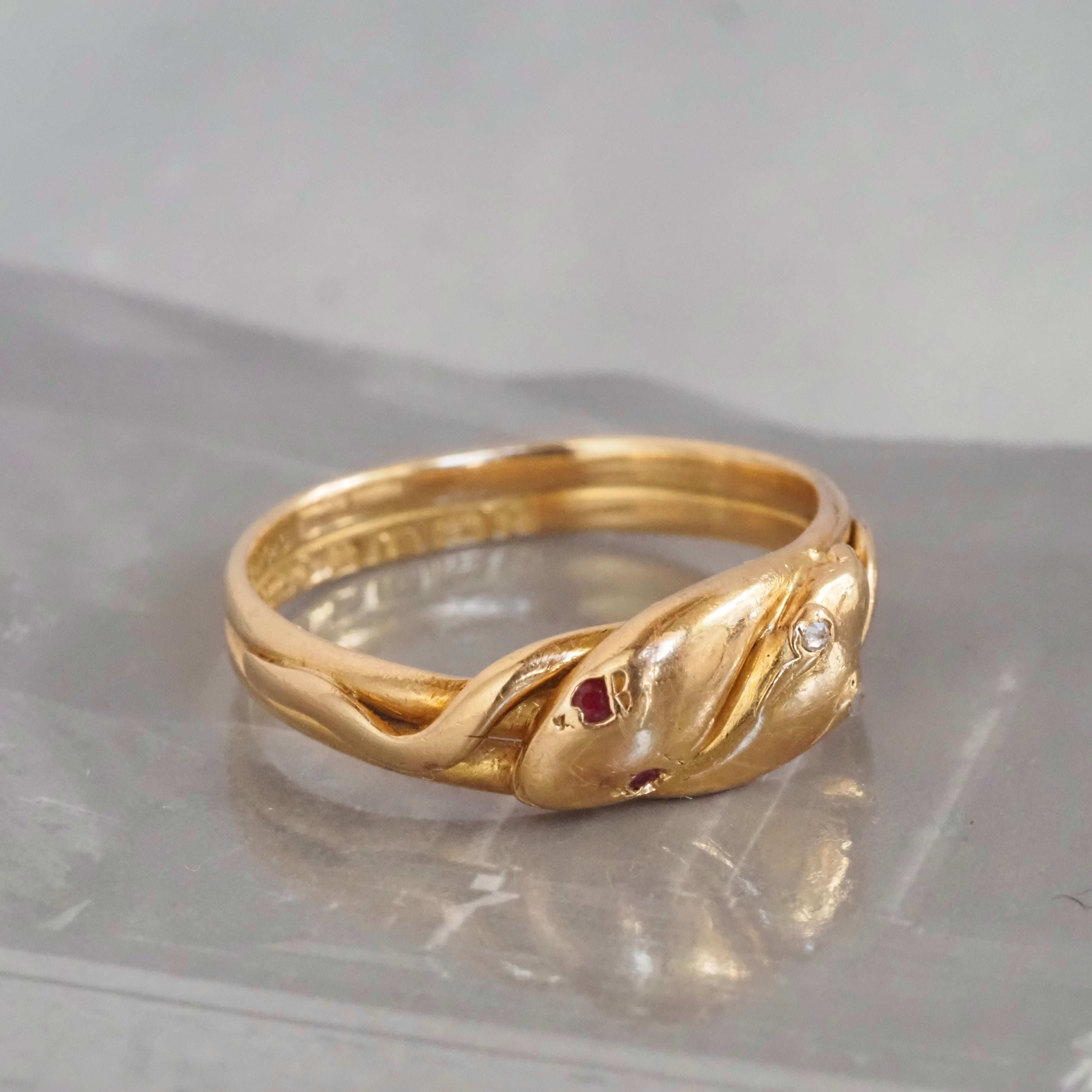 Antique c. 1891 English Double Snake Ruby and Diamond 18k Gold Ring