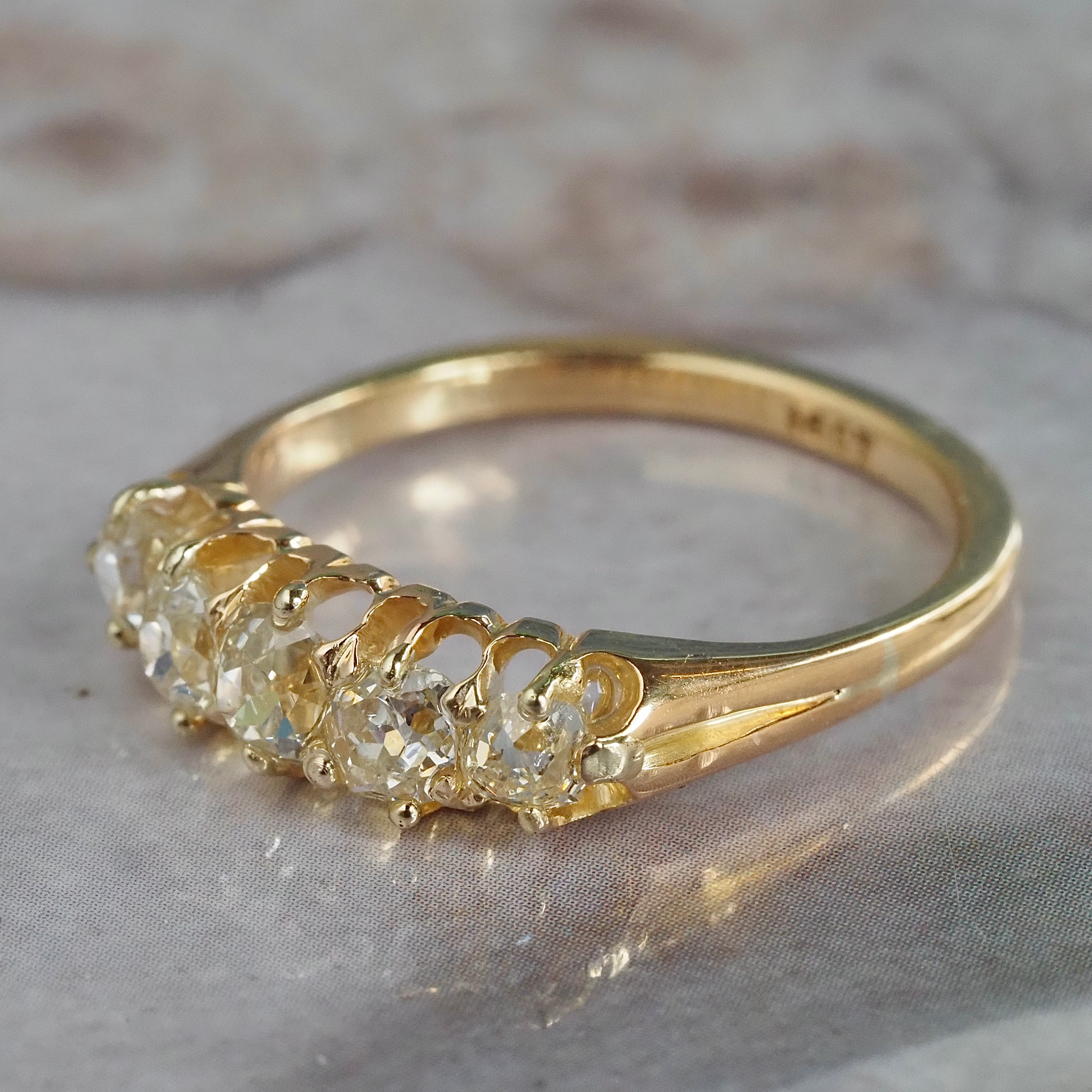 Antique English Five Stone Old Mine Cut Diamond 18k Gold Ring