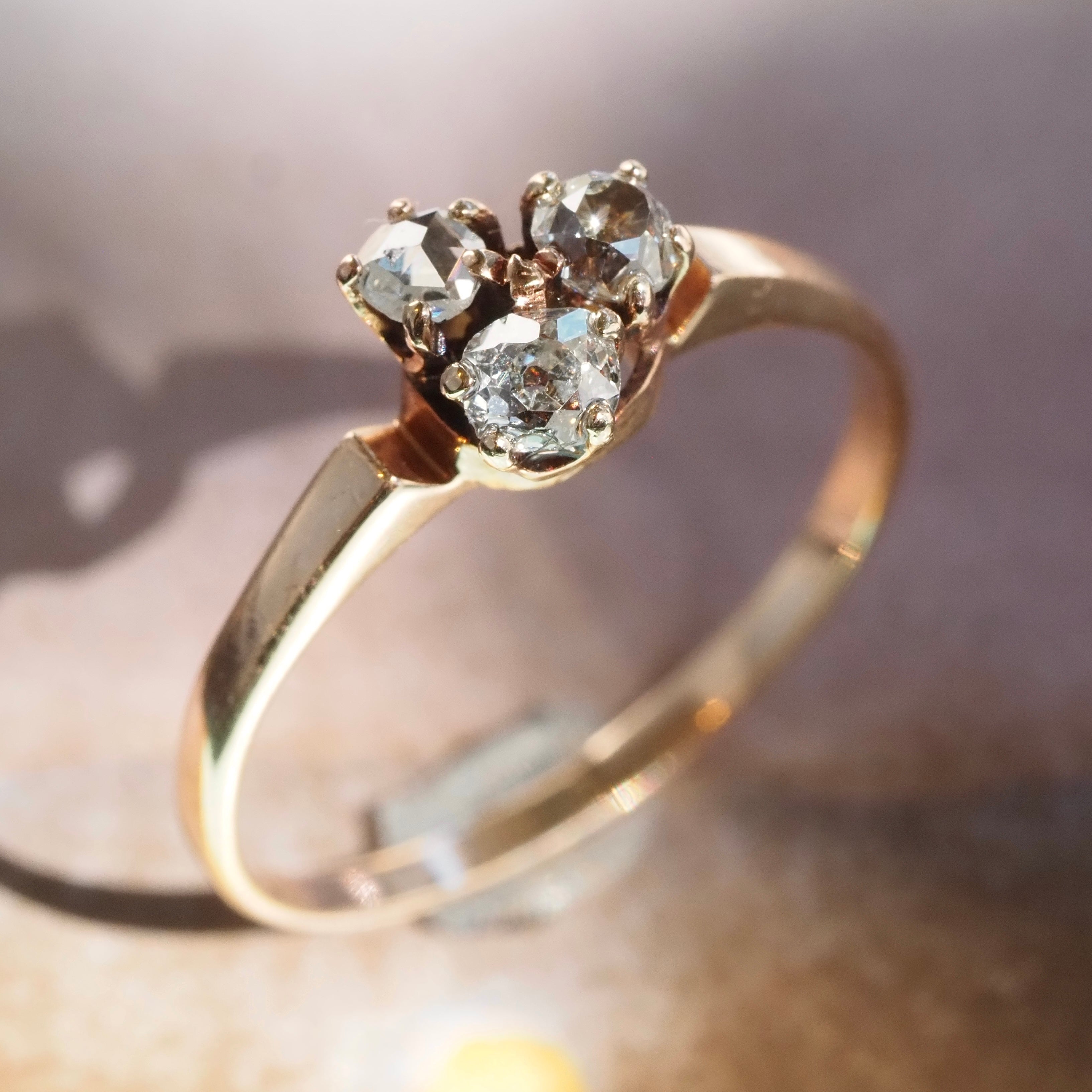 Antique Victorian Old Mine Cut and Rose Cut Diamond Trio 10K Ring