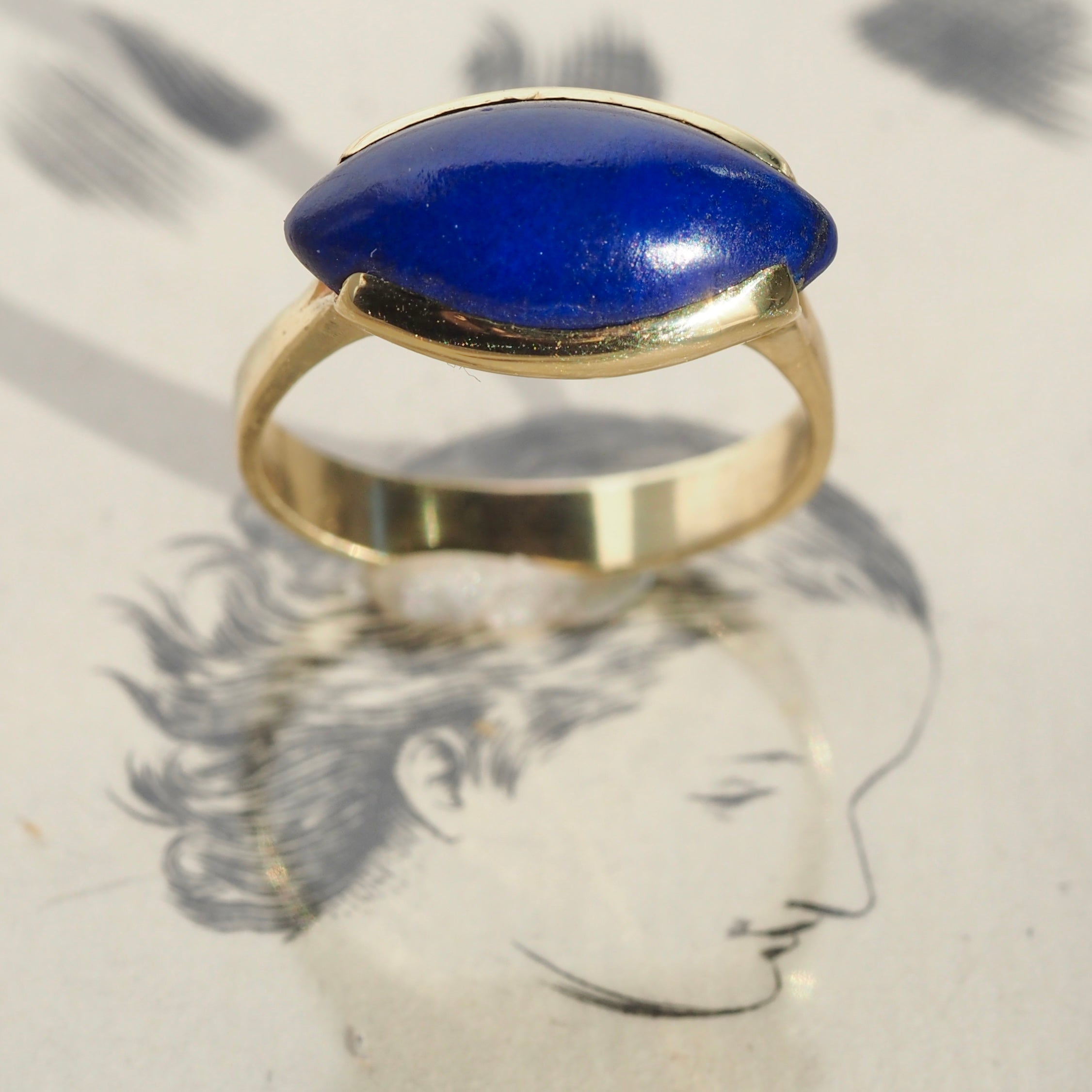 Vintage Modernist 18k Gold Marquise Lapis Ring