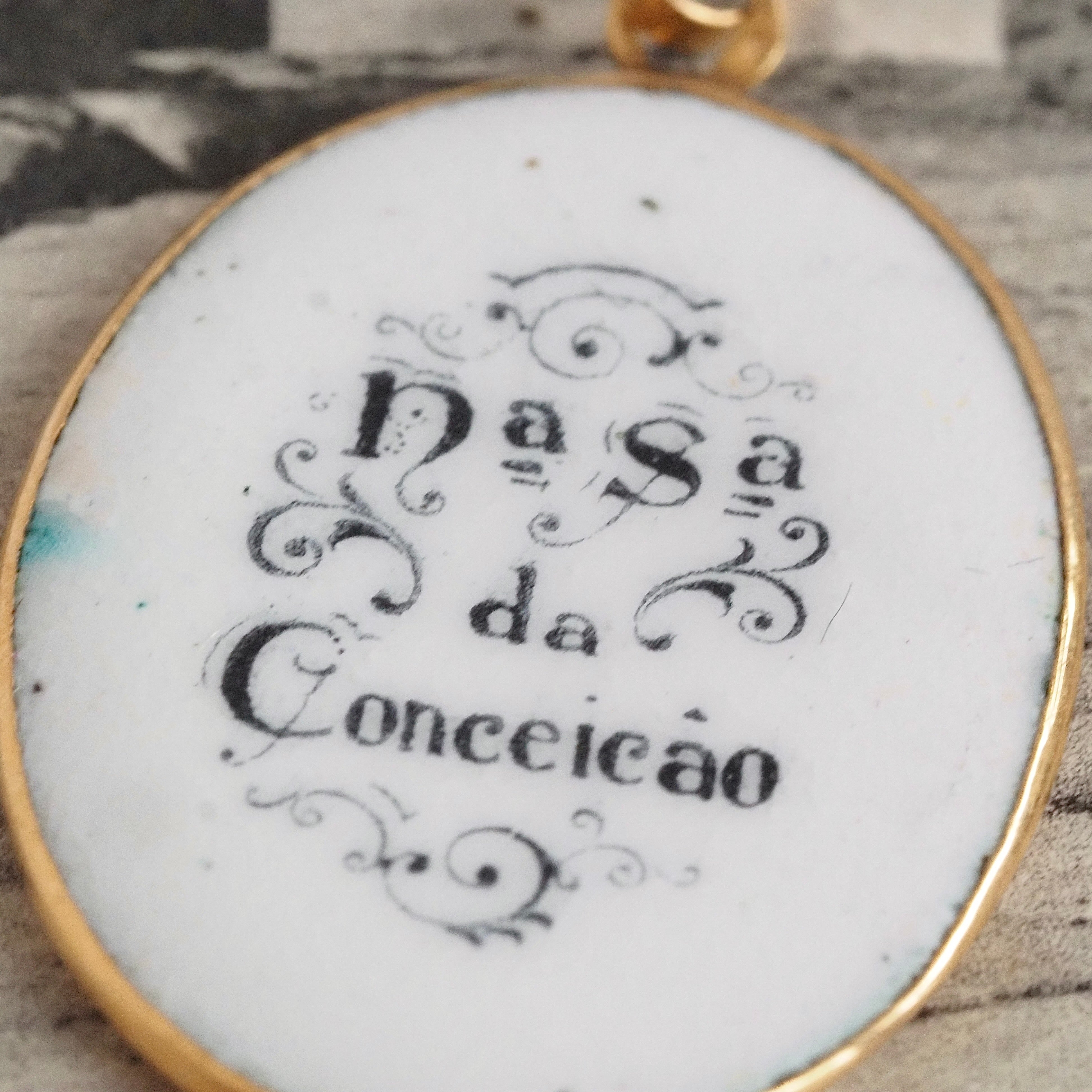 Antique Portuguese 19k Gold and Porcelain Mary Pendant