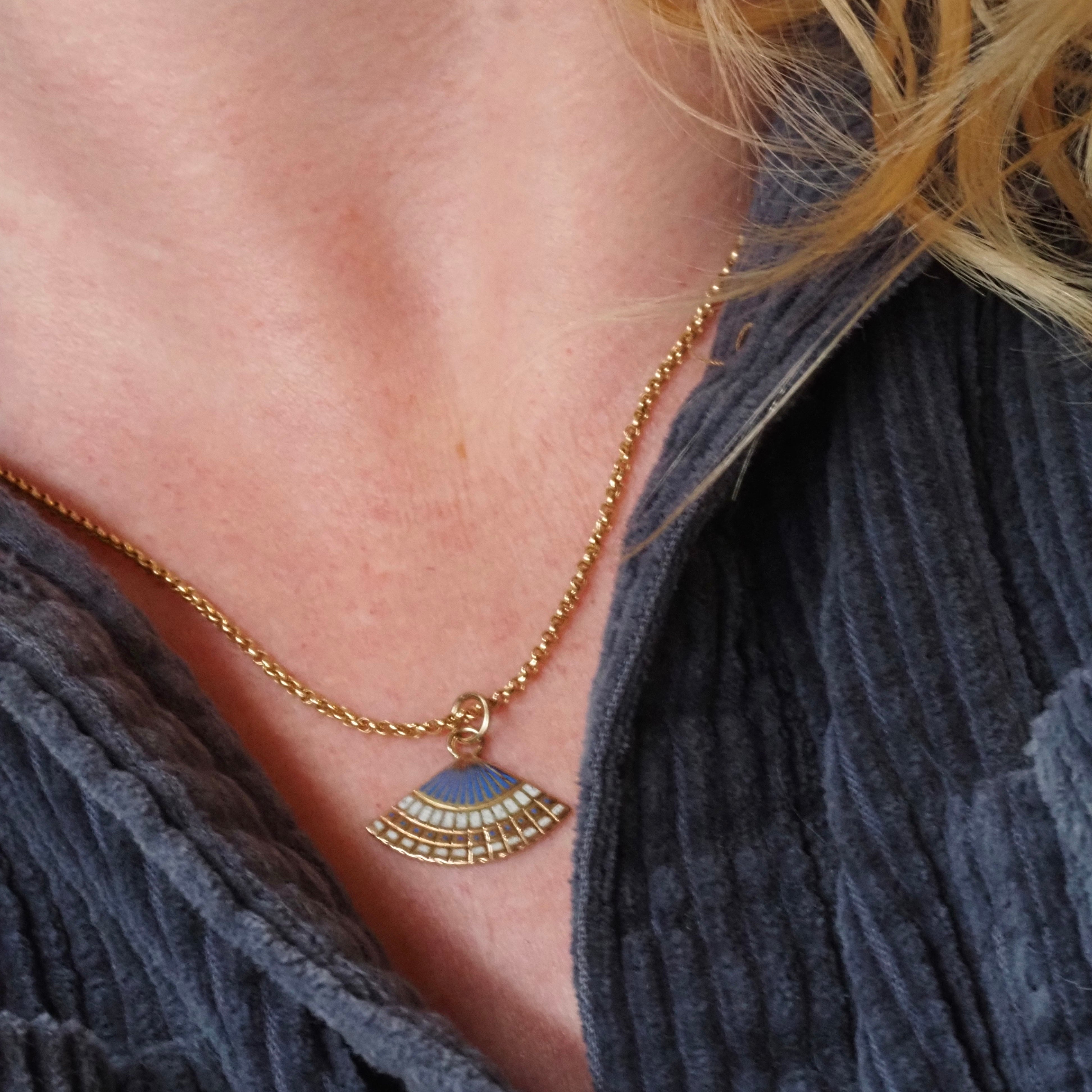 Vintage 14k Gold Blue & White Enamel Fan Charm