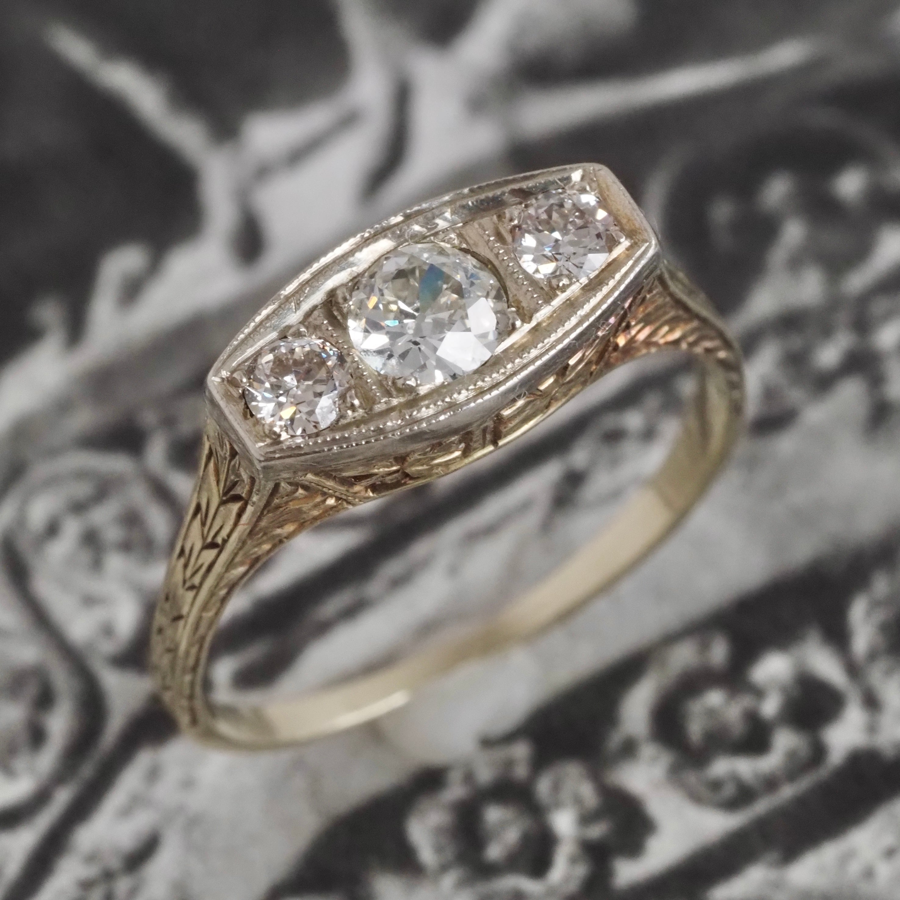 Antique Art Deco Old European Cut Diamond Trilogy 14k Gold Two Tone Engagement Ring