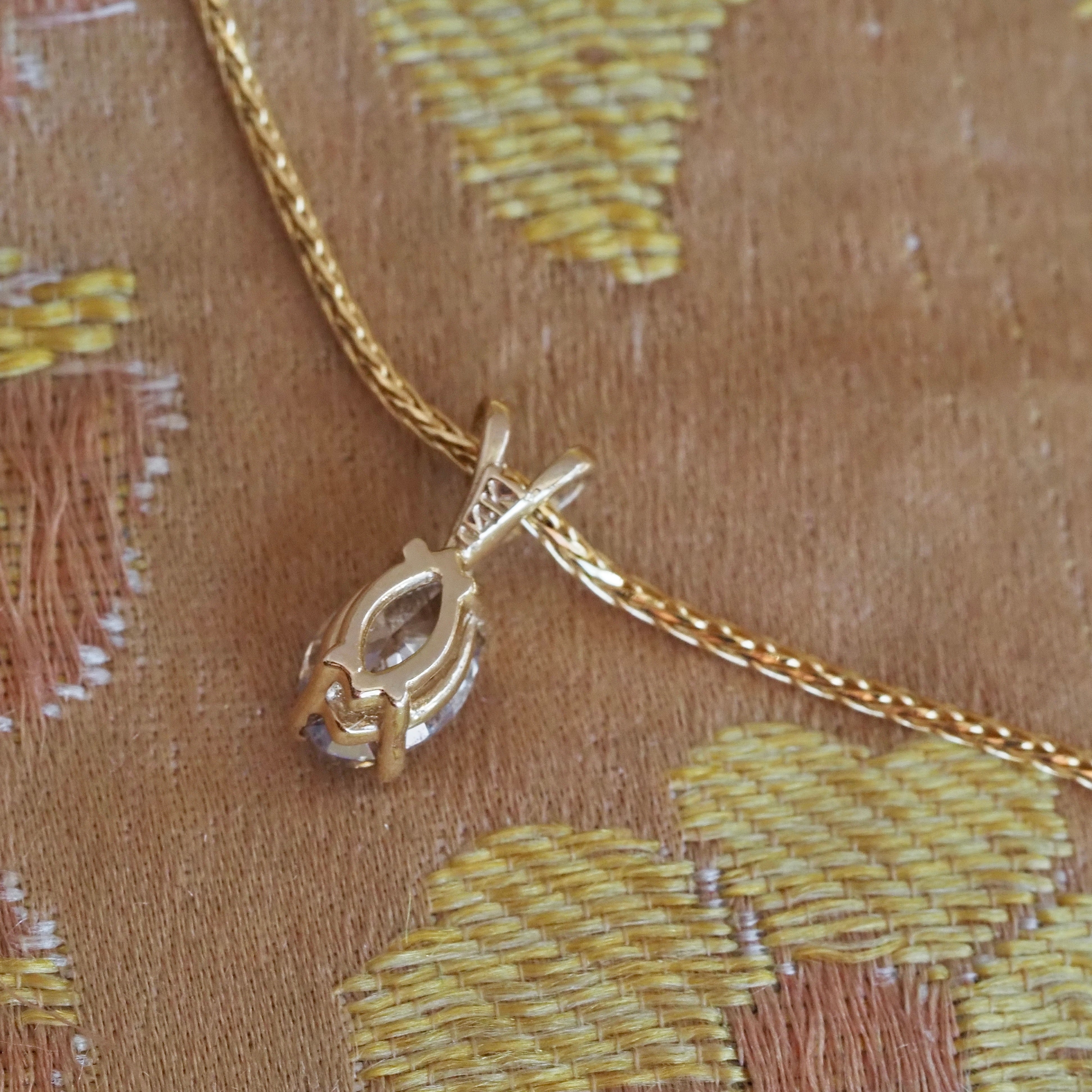 Vintage Light Brown Marquise Cut Diamond in 14k Gold on 14k Gold Wheat Chain