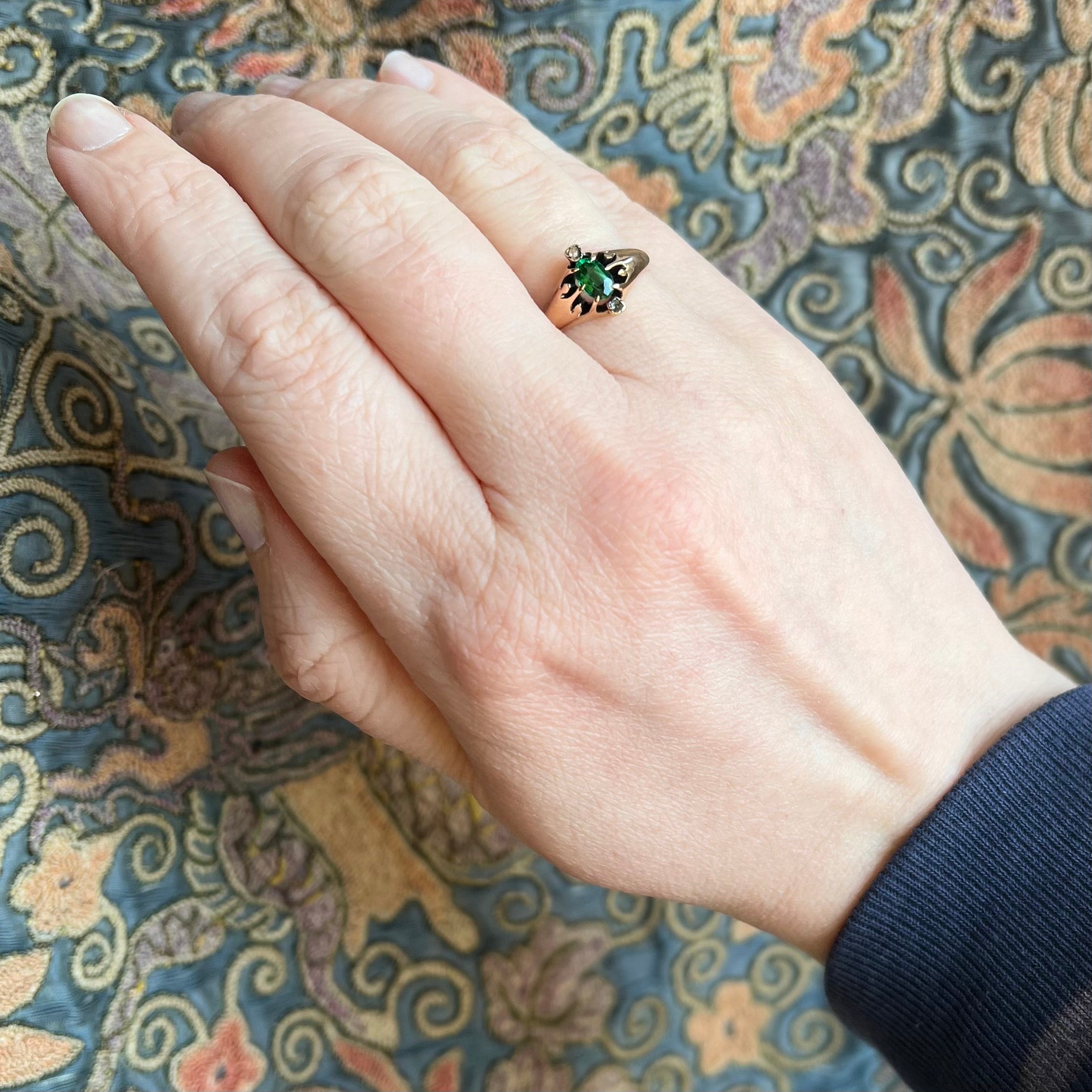 Antique Green Garnet Doublet and Diamond 10k Gold Ring