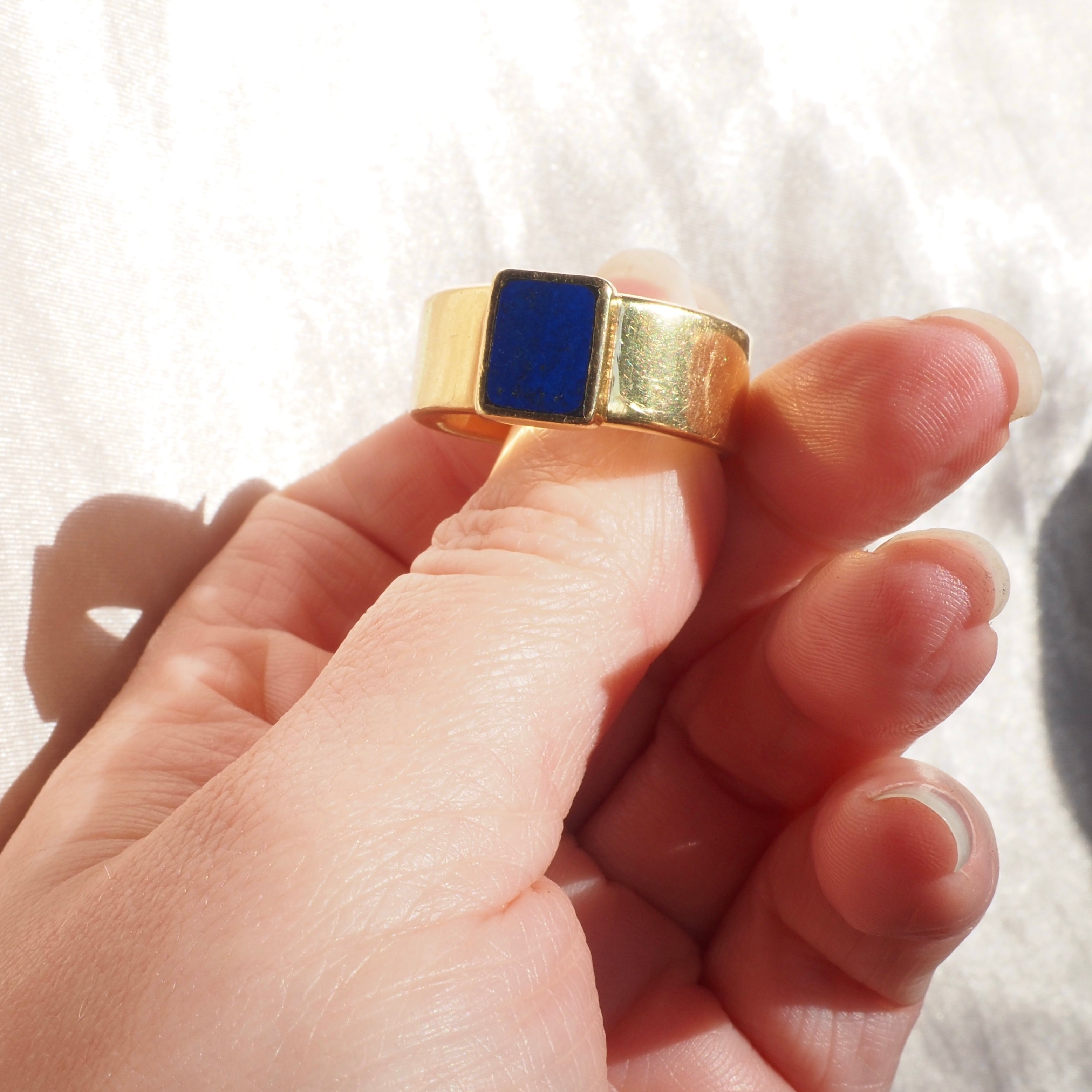 Vintage Lapis 18k Gold Bezel Set Wide Band Ring