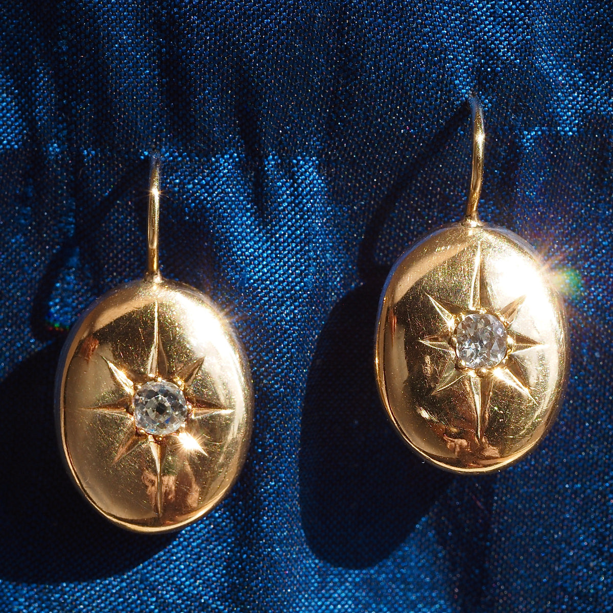 Antique Old Mine Cut Diamond Starburst Oval 18k Gold Earrings