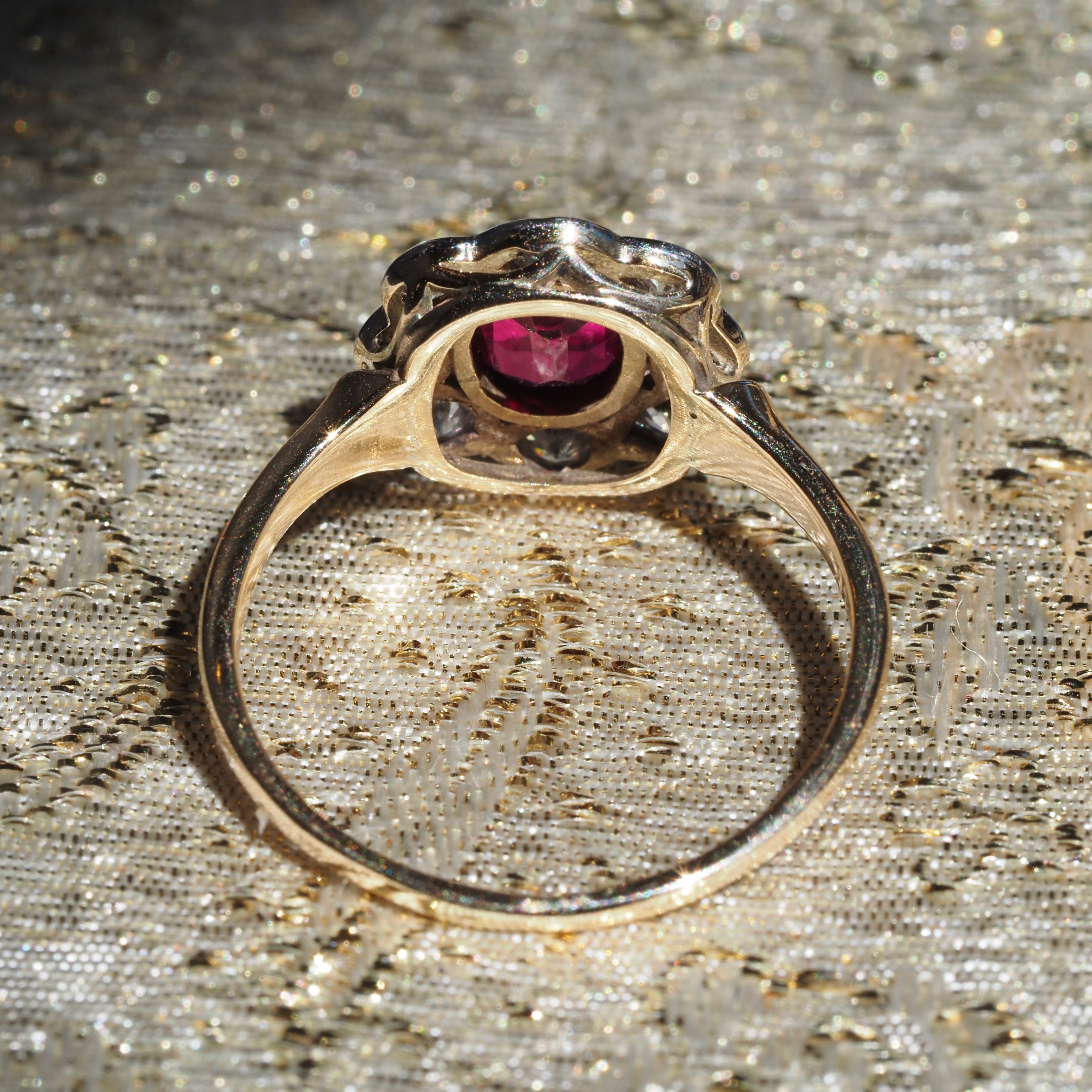 Antique Ruby and Old Mine Cut Diamond Flower 14k Gold Ring