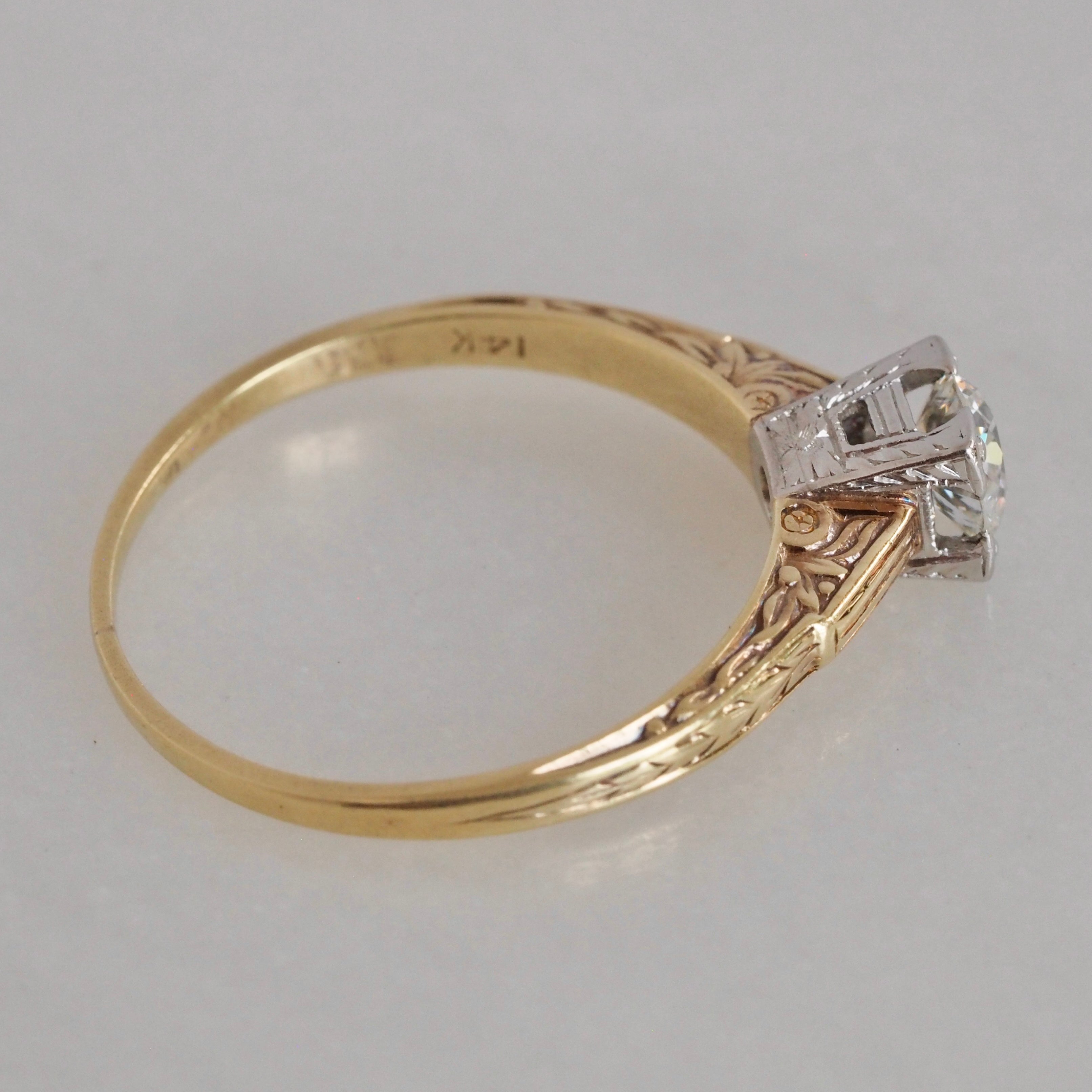 Art Deco 14k White and Yellow Gold Old European Cut Diamond Engagement Ring