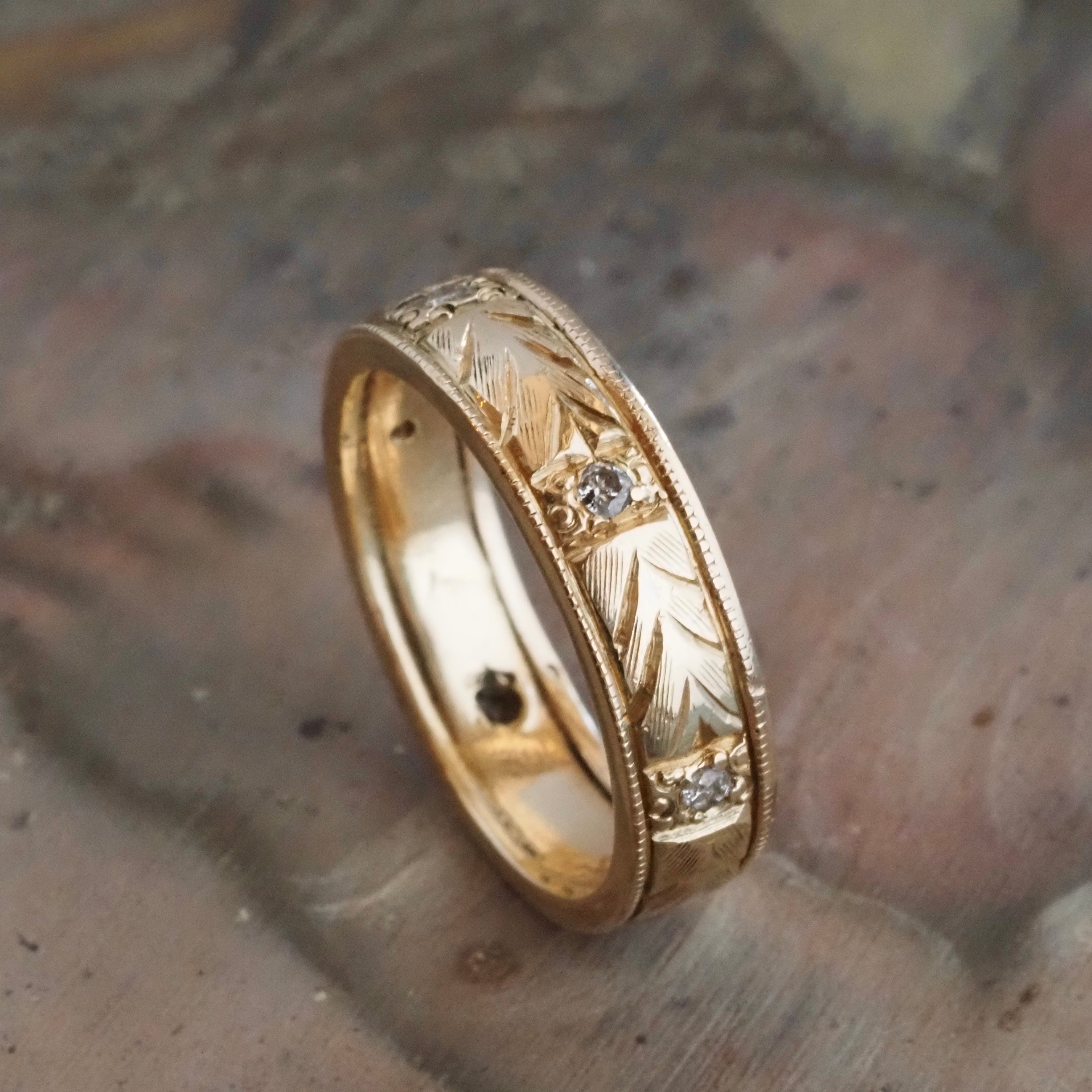 Vintage Diamond 14k Gold Engraved Band