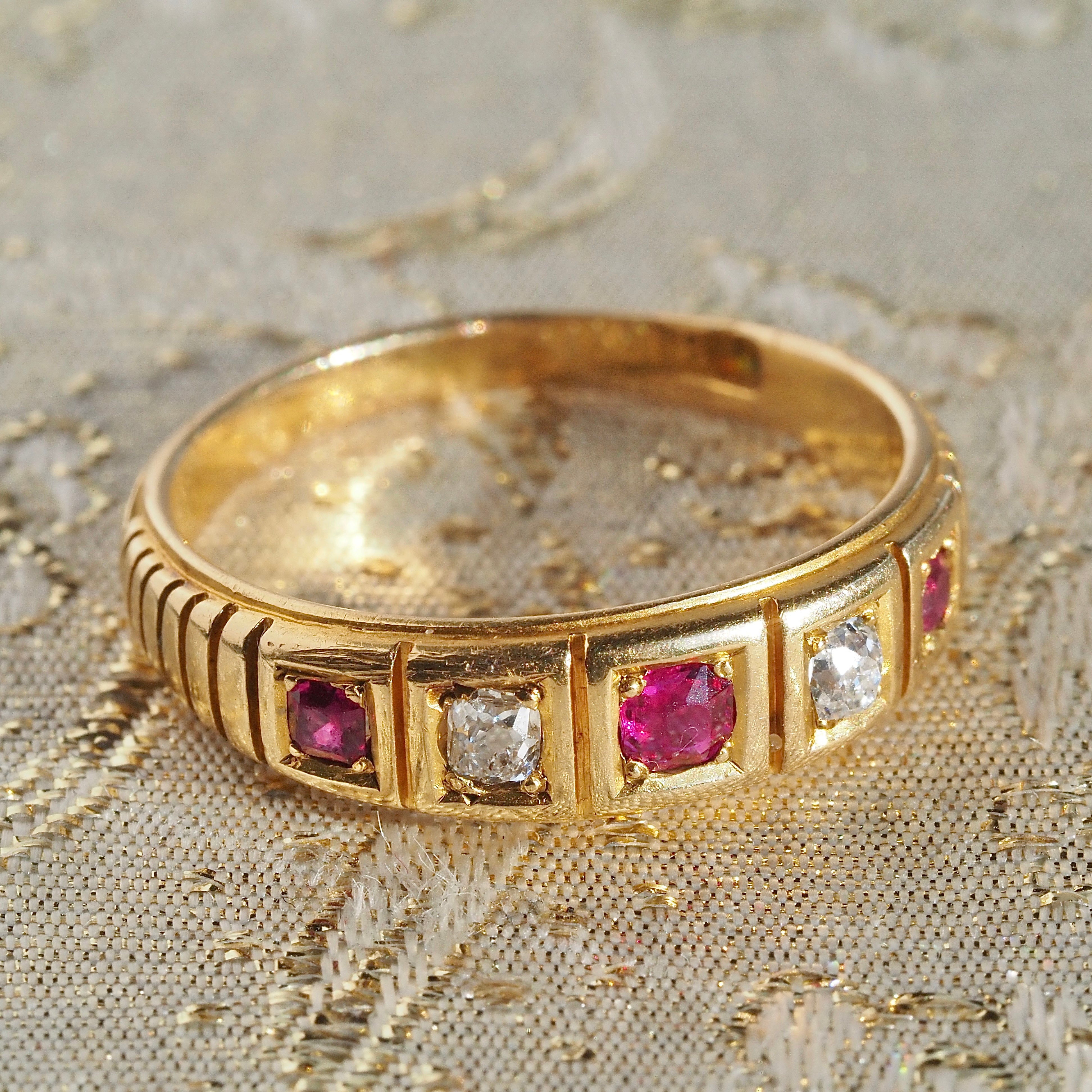 Antique Old Mine Cut Diamond and Ruby 18k Gold Five Stone Ring