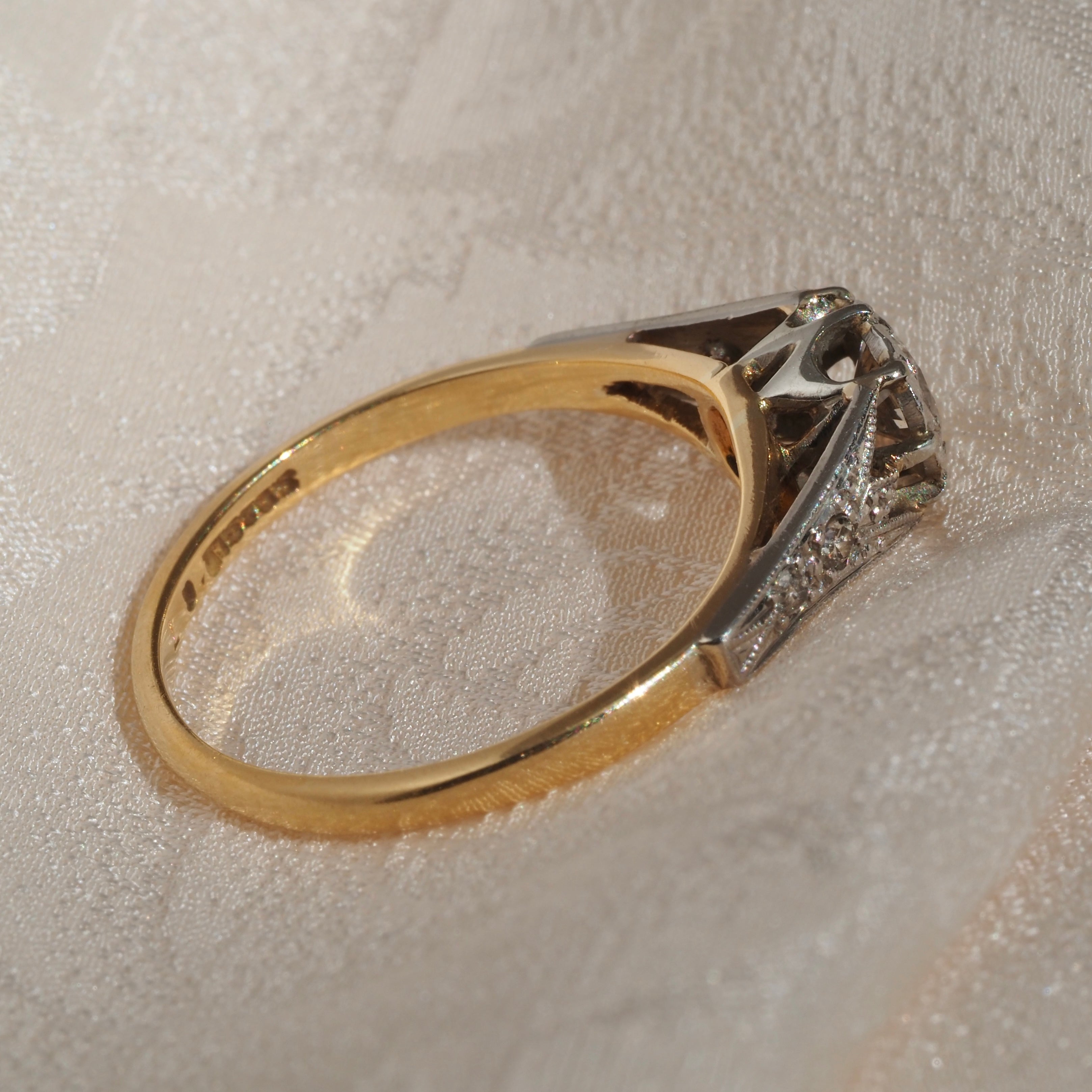 Antique Edwardian 18k White and Yellow Gold Transitional Cut Diamond Solitaire Engagement Ring